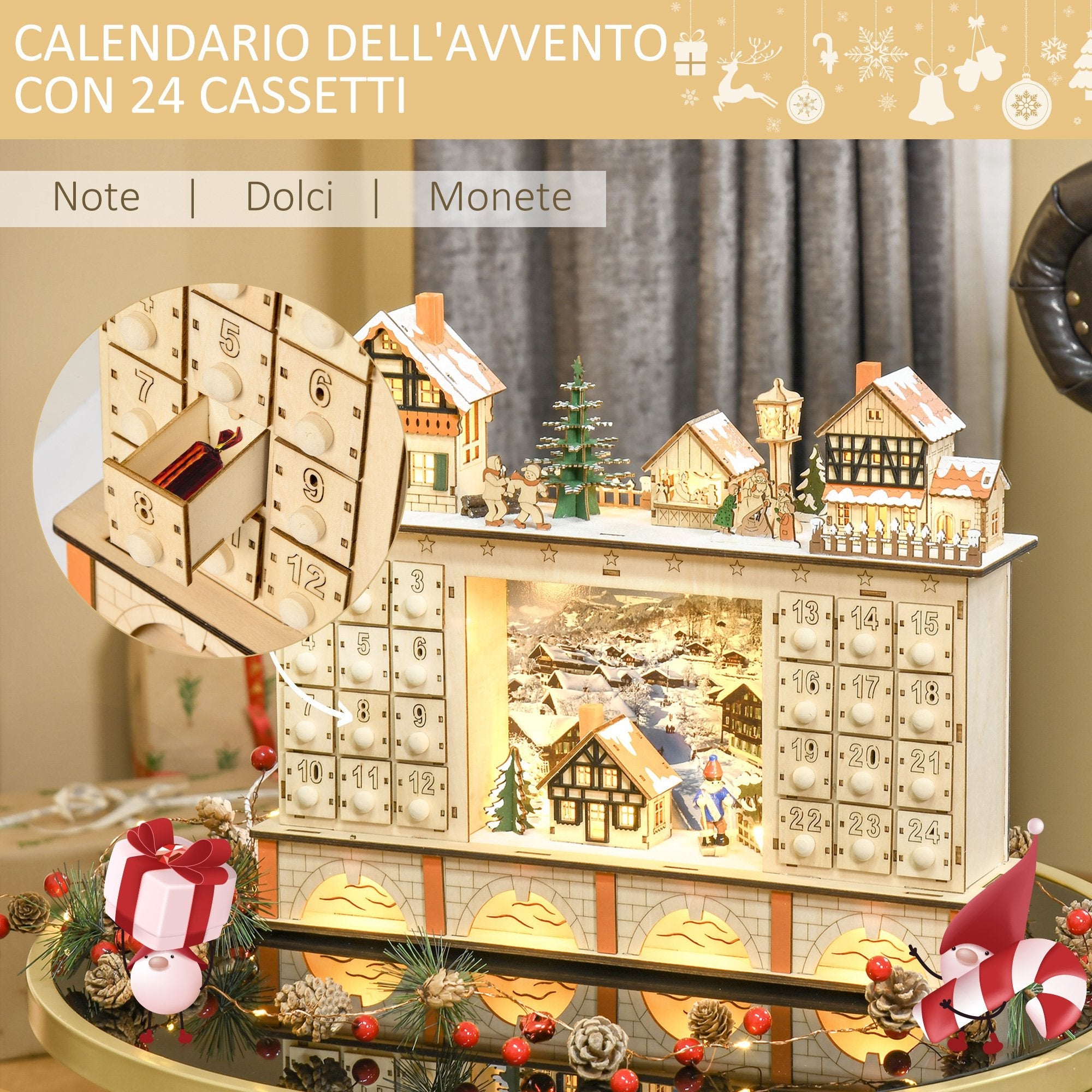 Calendario dell'Avvento  44x10x37 cm 24 Cassetti con Villaggio di Natale e Luci in Legno