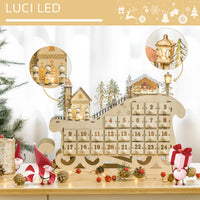 Calendario dell'Avvento  45x10x31 cm 24 Cassetti a Forma di Slitta e Luci a LED in Legno