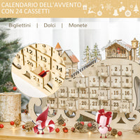 Calendario dell'Avvento  45x10x31 cm 24 Cassetti a Forma di Slitta e Luci a LED in Legno