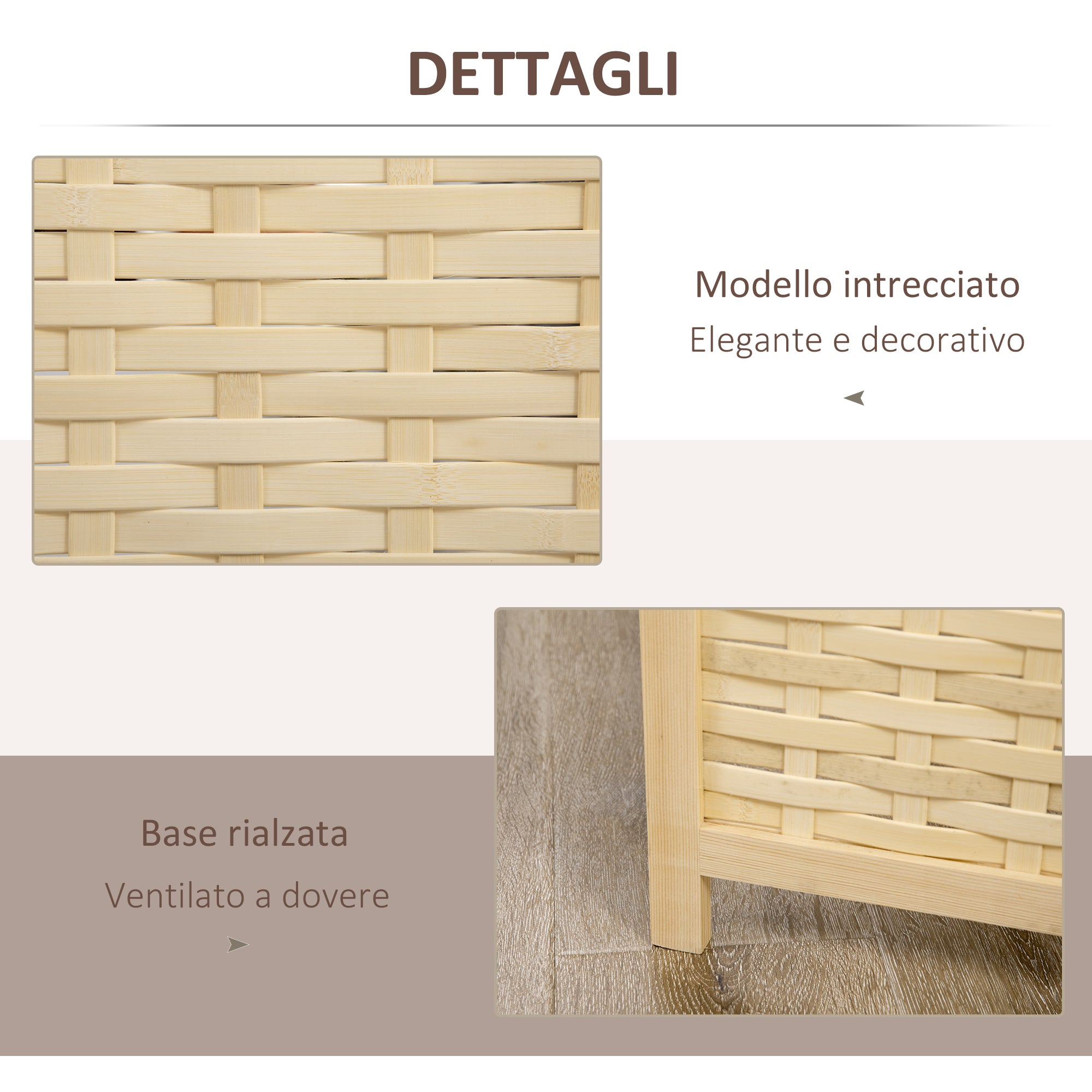 EasyComfort Paravento Separé da Interno a 4 Ante in Legno e Bambù, Pieghevole e Salvaspazio Altezza 170cm, Marrone