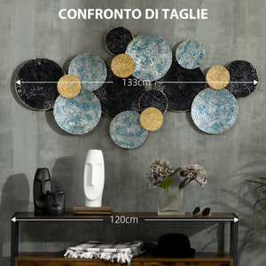 EasyComfort Decorazione Murale in Metallo 3D, Wall Art a Cerchi 133x66cm, Blu, Nero e Oro