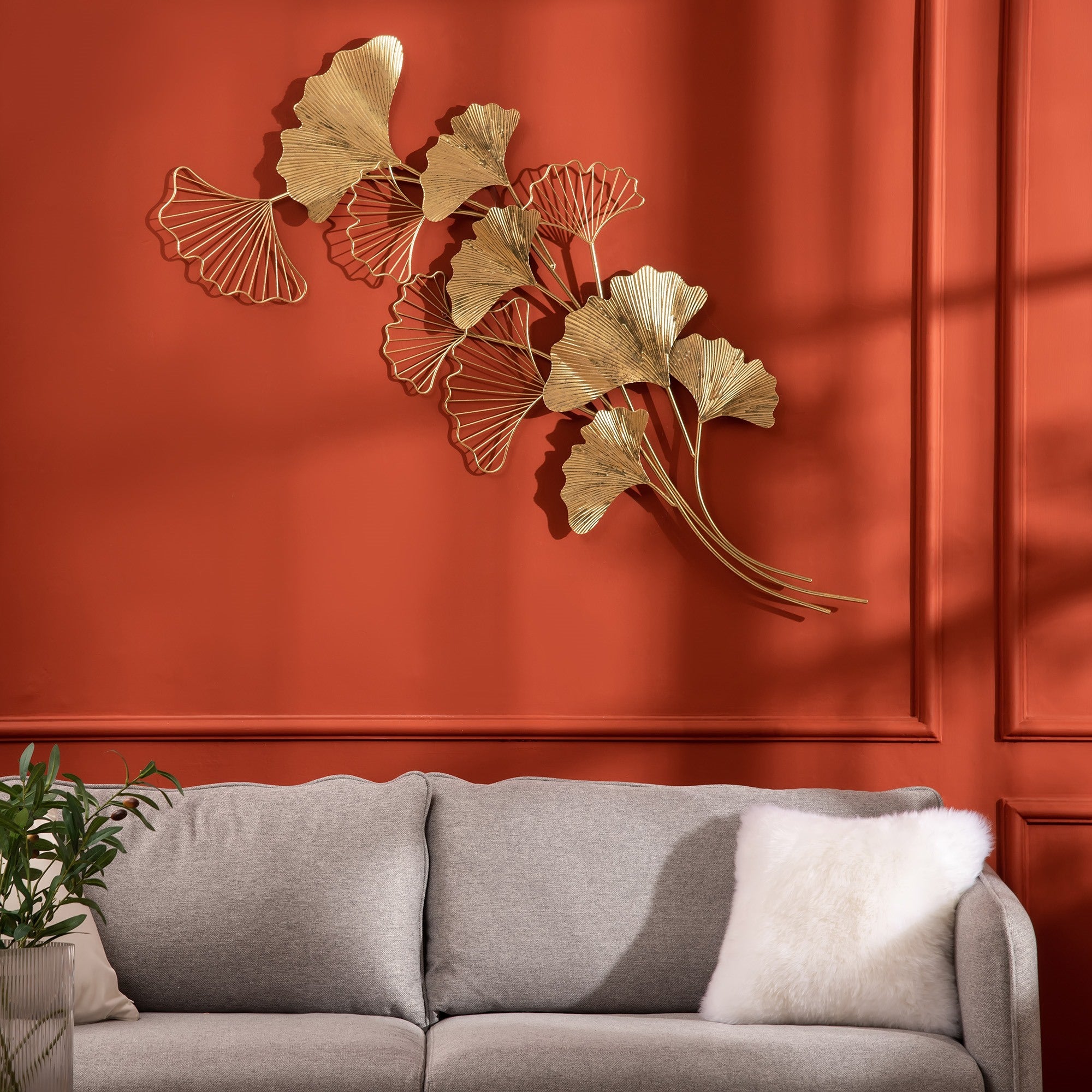 EasyComfort Decorazione Murale 3D in Metallo, Wall Art Dorata con Foglie di Ginkgo 138x70cm