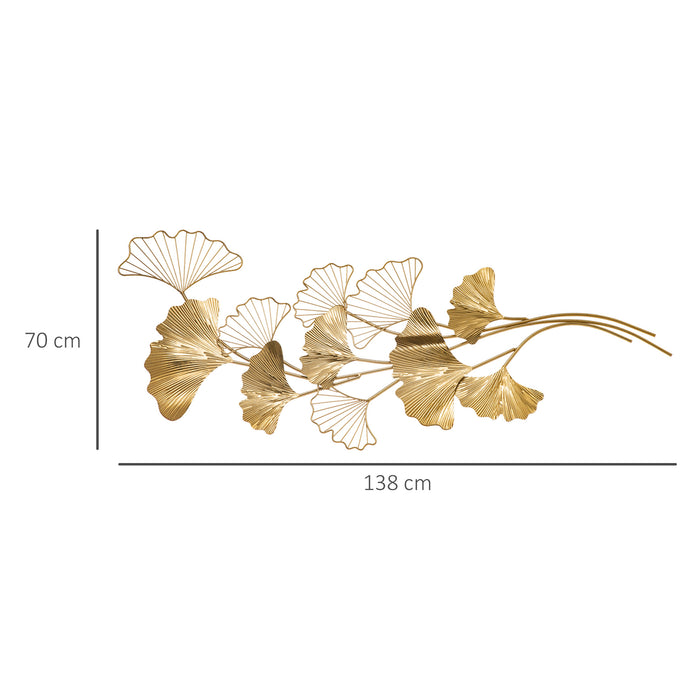 EasyComfort Decorazione Murale 3D in Metallo, Wall Art Dorata con Foglie di Ginkgo 138x70cm