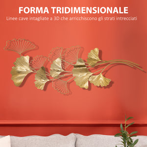 EasyComfort Decorazione Murale 3D in Metallo, Wall Art Dorata con Foglie di Ginkgo 138x70cm