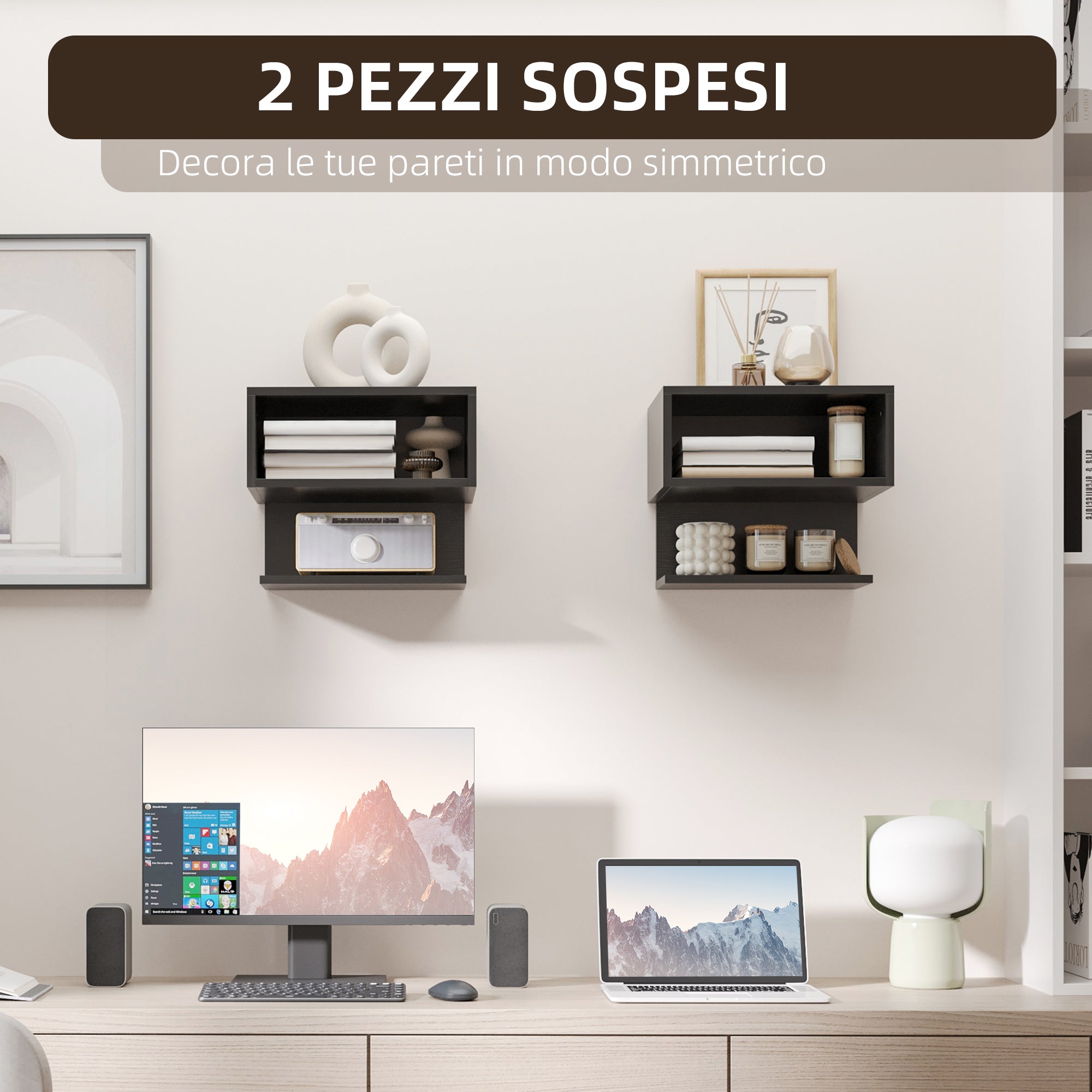 EasyComfort Comodini sospesi da parete, Set 2 Pezzi in MDF con Ripiano Aperto e Piano d'Appoggio, 40x29.5x33.5cm, Nero