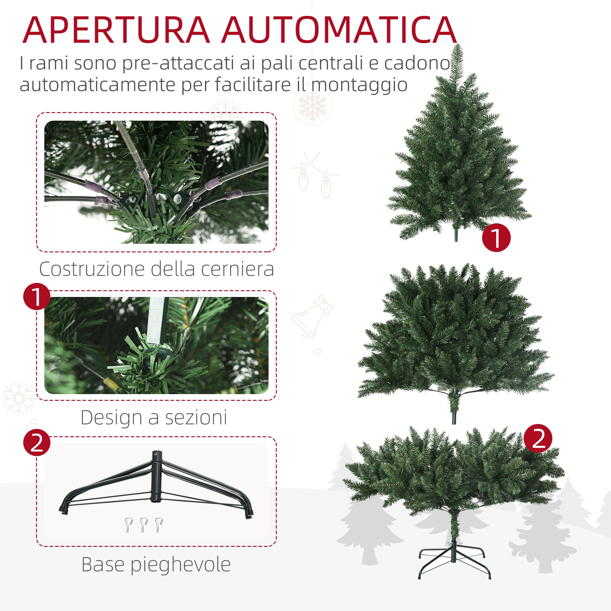 EasyComfort Albero di Natale Artificiale 180cm con 800 Rami e Base in Metallo, Verde