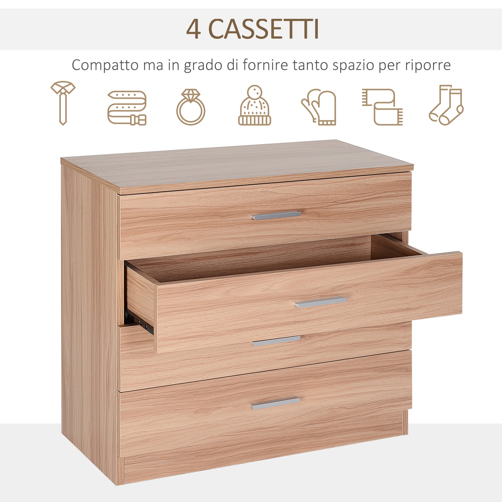 Easycomfort Cassettiera Salvaspazio in Legno, Comò con 4 Cassetti per Camera da Letto, Rovere, 72x33.5x67cm