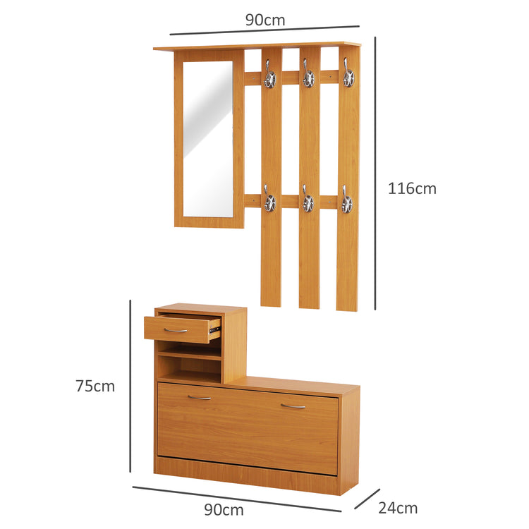 EASYCOMFORT Mobile Guardaroba Scarpiera Regolabile e Specchio con Appendiabiti 6 Ganci per Ingresso e Camera da Letto 90x22x116cm Legno