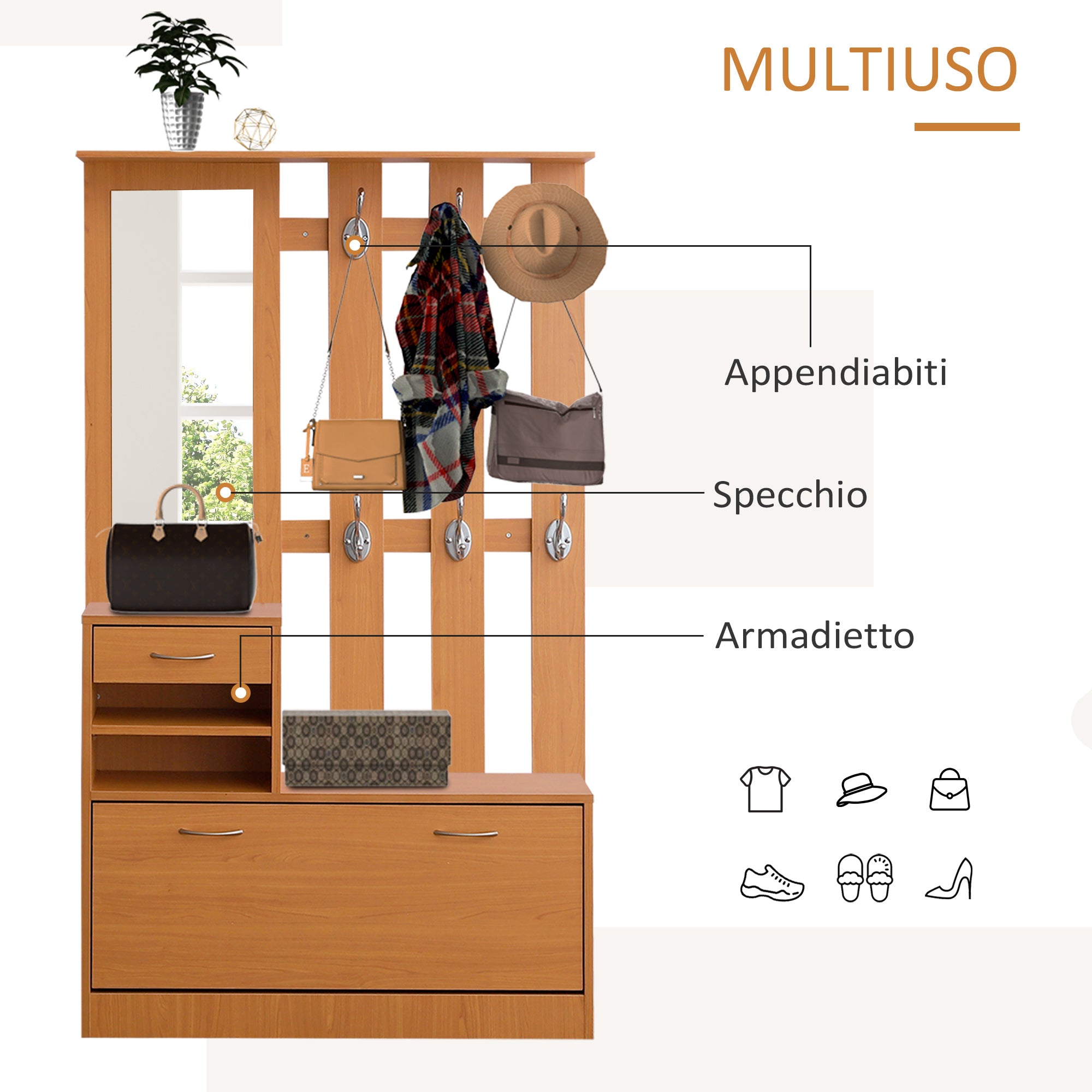 EASYCOMFORT Mobile Guardaroba Scarpiera Regolabile e Specchio con Appendiabiti 6 Ganci per Ingresso e Camera da Letto 90x22x116cm Legno