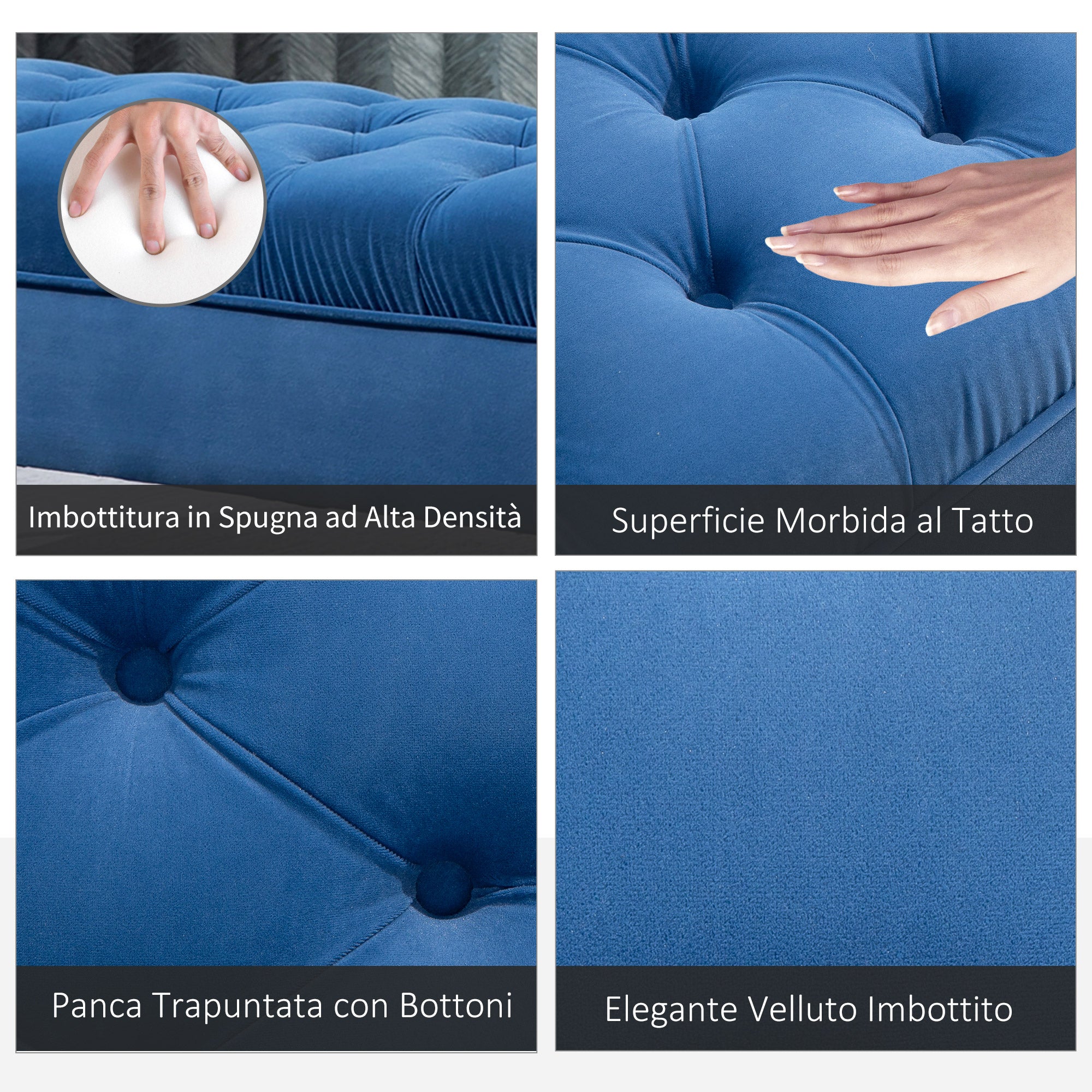 EASYCOMFORT  Panca Imbottita Fondoletto in Tessuto Vellutato, Panca per Camera da Letto e Ingresso con Decorazione a Trapunta, Piedini in Metallo, Blu