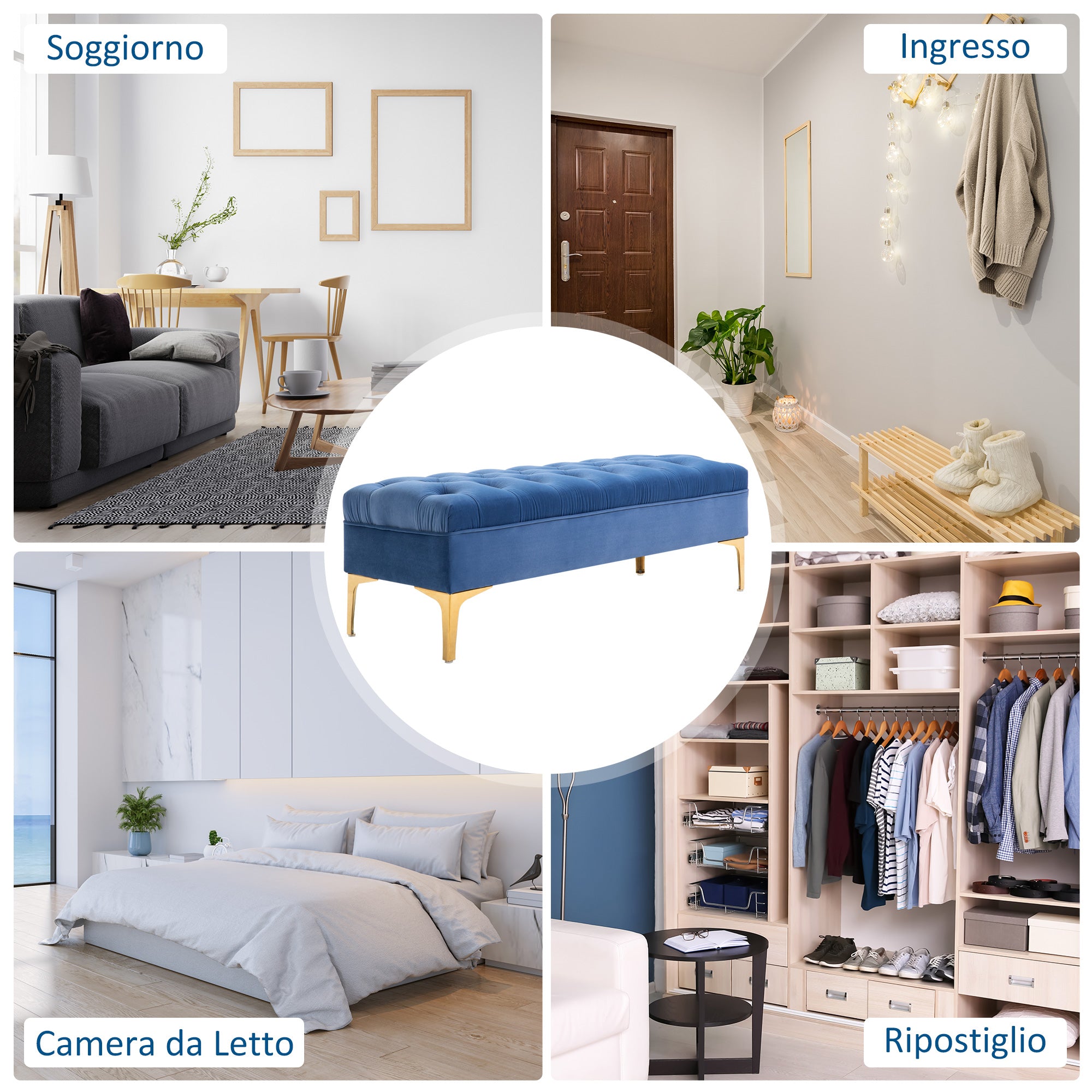 EASYCOMFORT  Panca Imbottita Fondoletto in Tessuto Vellutato, Panca per Camera da Letto e Ingresso con Decorazione a Trapunta, Piedini in Metallo, Blu