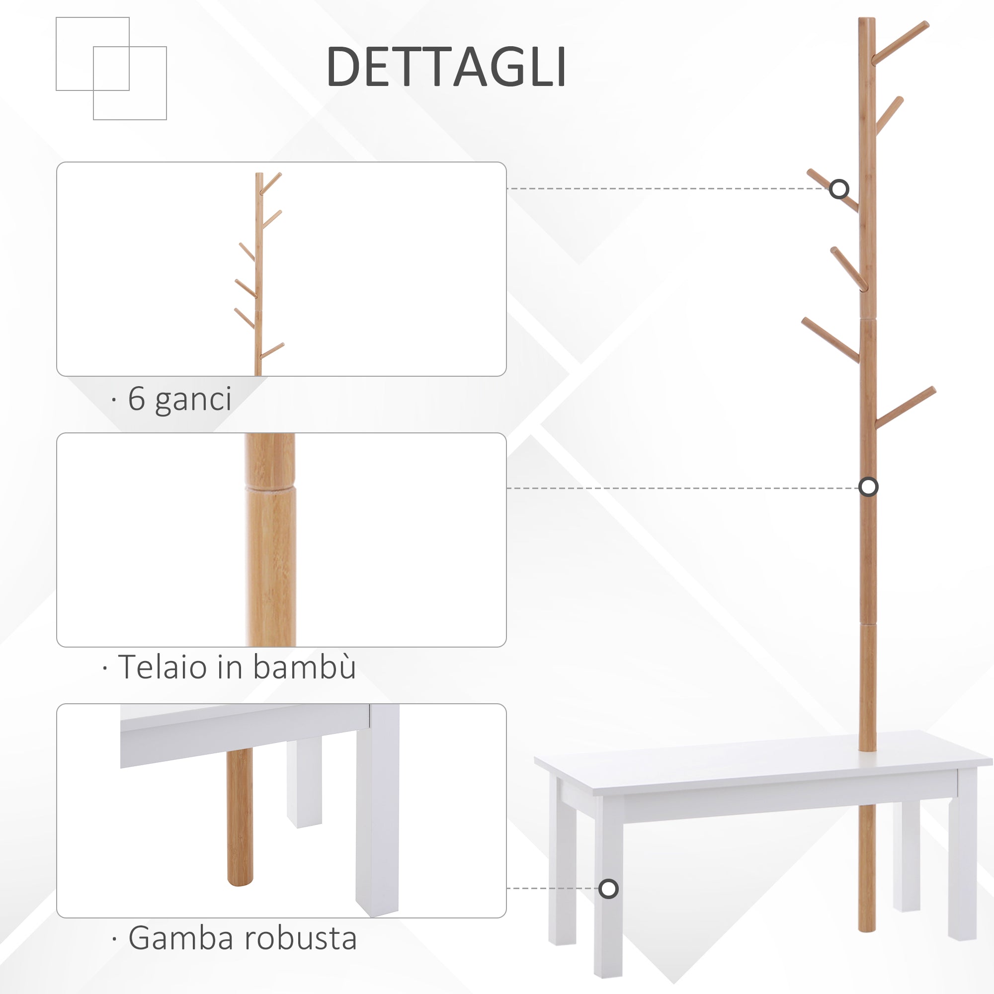 Panca con Appendiabiti in Bambù Bianco e Legno 80x30x180 cm