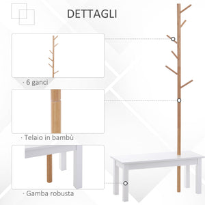 Panca con Appendiabiti in Bambù Bianco e Legno 80x30x180 cm