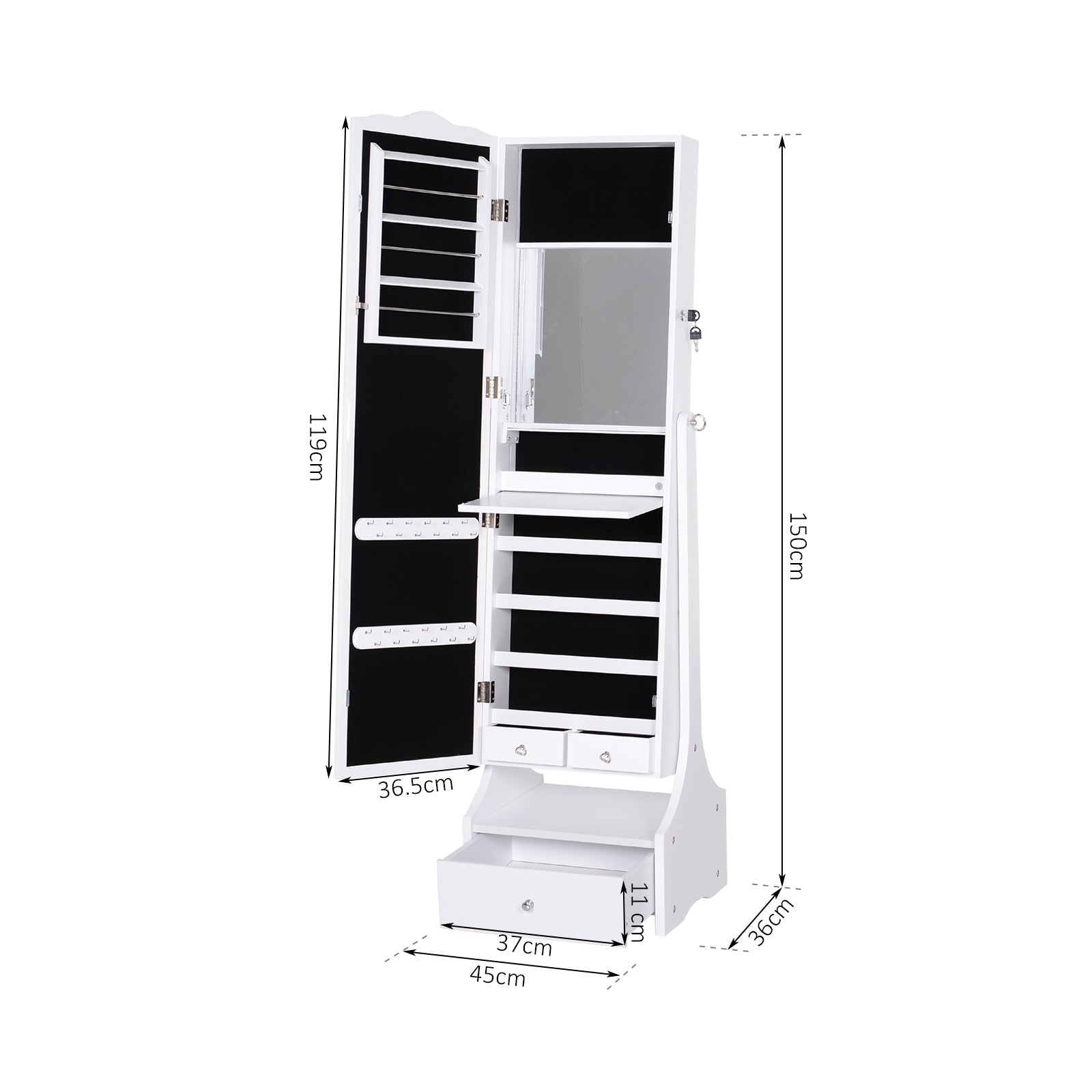 Armadio Portagioie a Specchio con Luci LED 45x36x150 cm  Bianco