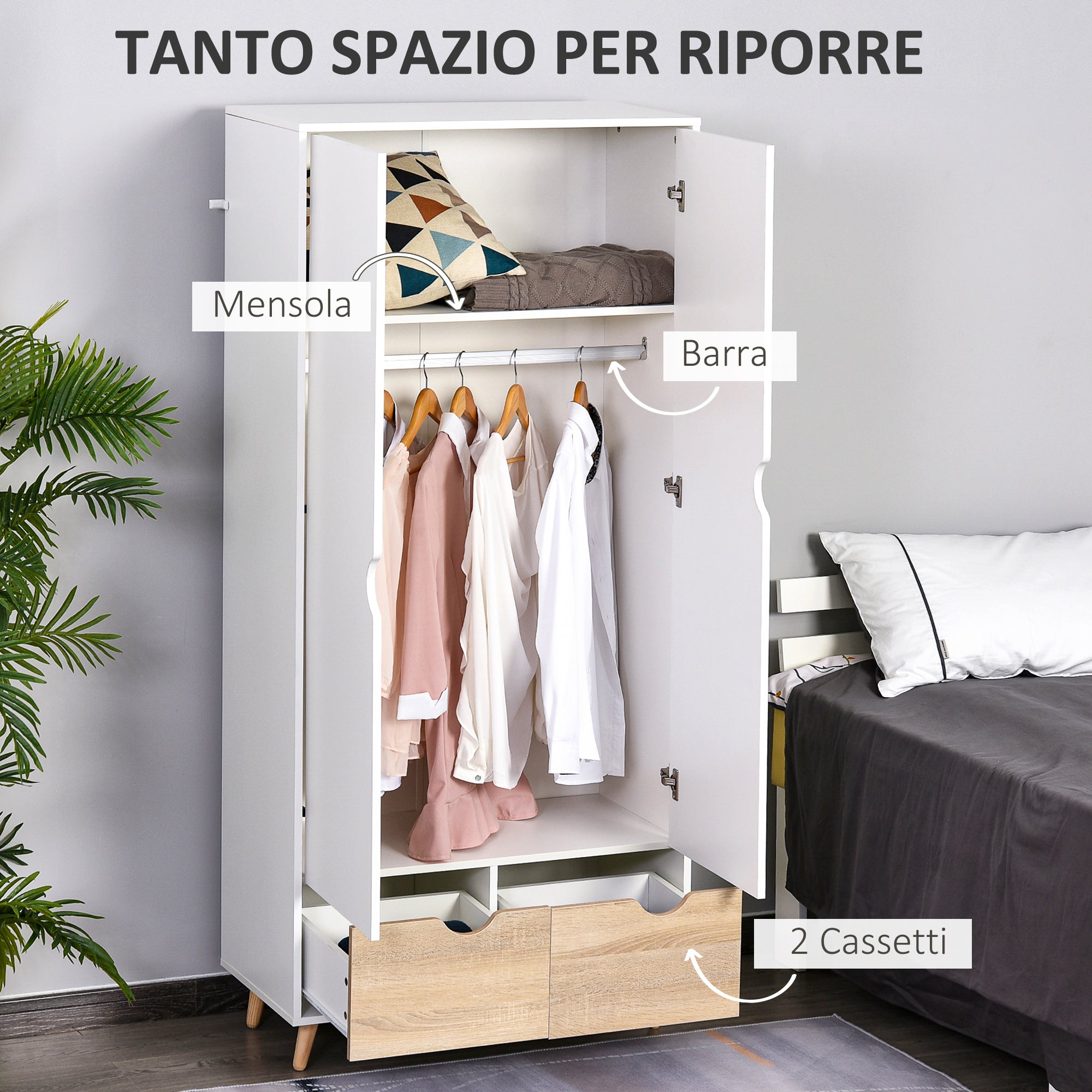 EASYCOMFORT Armadio a Due Ante in Legno con 1 Ripiano, 1 Appendiabiti, 2 Cassetti con Maniglie Intagliate, Bianco 80x40x180cm