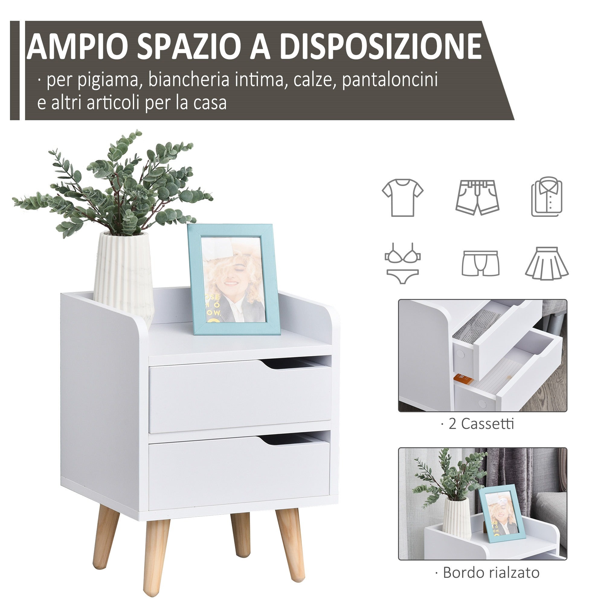 Easycomfort Comodino Salvaspazio dal Design Moderno in Legno Bianco, Piccola Cassettiera Camera da Letto con 2 Cassetti e Piedini in Legno di Pino 33 x 28 x 42cm