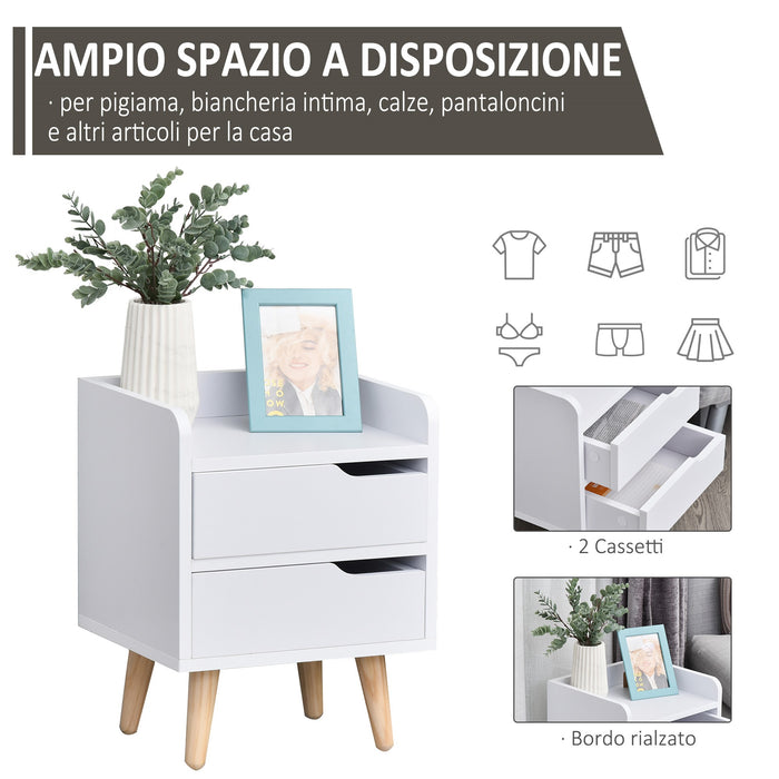 Easycomfort Comodino Salvaspazio dal Design Moderno in Legno Bianco, Piccola Cassettiera Camera da Letto con 2 Cassetti e Piedini in Legno di Pino 33 x 28 x 42cm