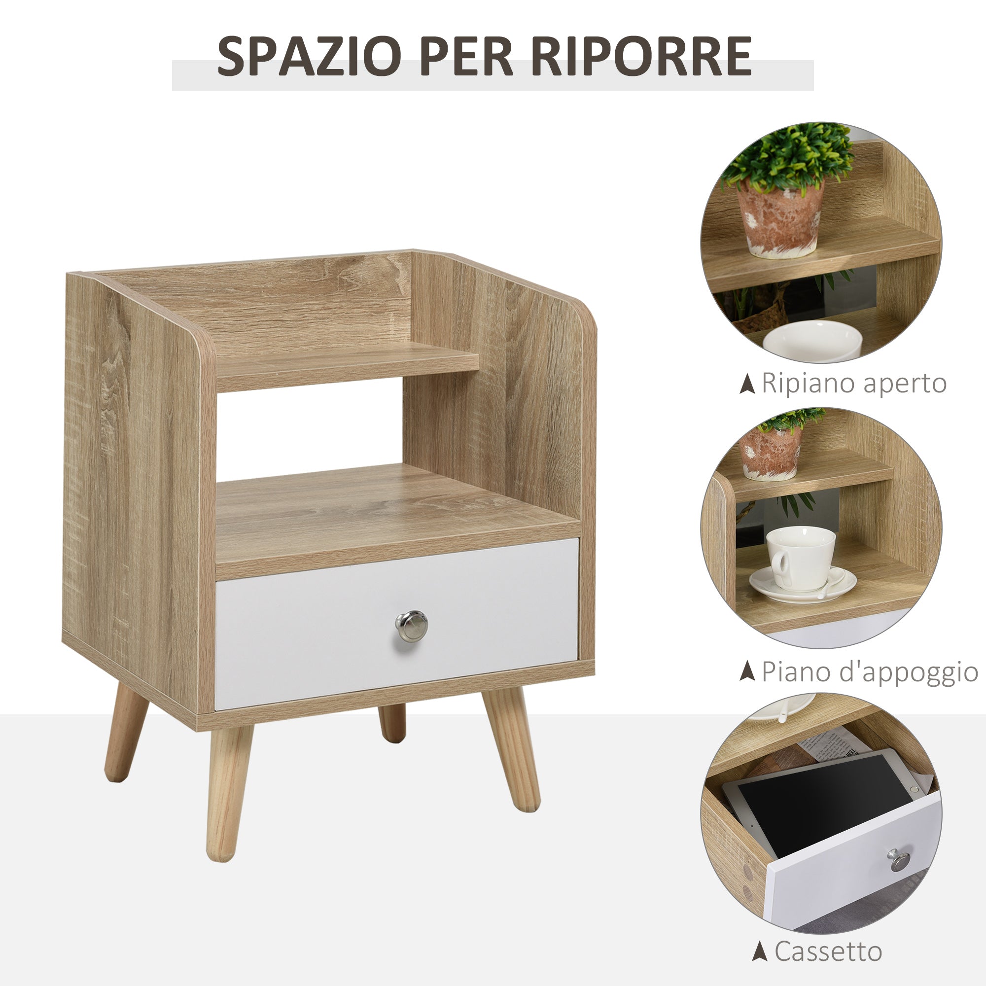 EASYCOMFORT  Comodino Salvaspazio Mobiletto con Cassetto e Mensola in Legno 37x30x48cm - Rovere/Bianco