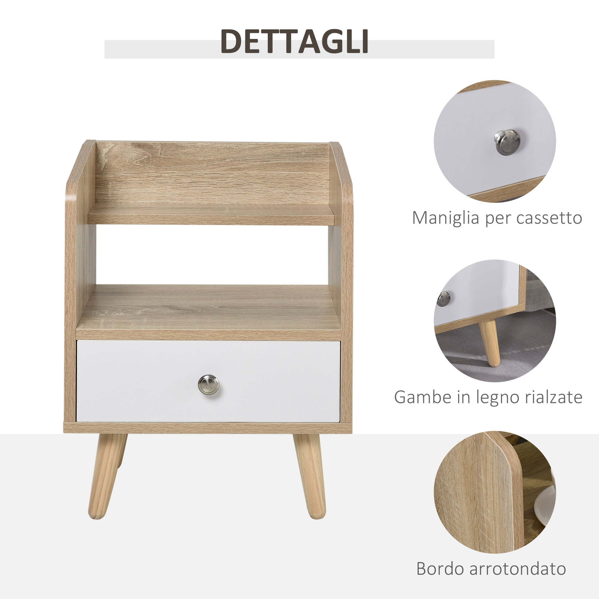 EASYCOMFORT  Comodino Salvaspazio Mobiletto con Cassetto e Mensola in Legno 37x30x48cm - Rovere/Bianco