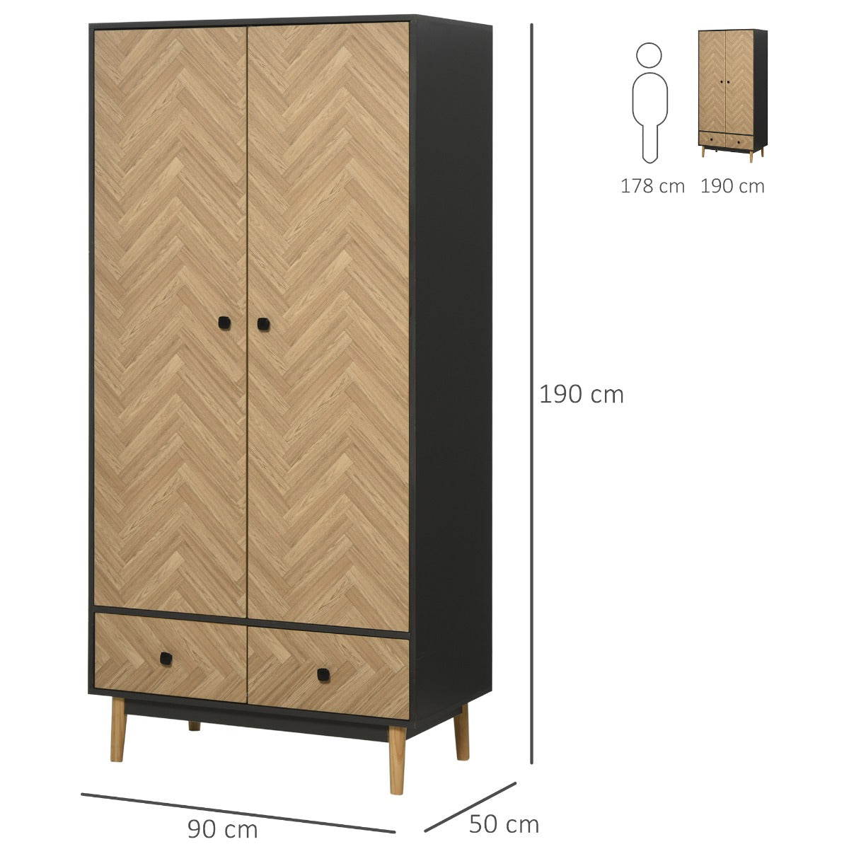 EASYCOMFORT  Armadio a Due Ante in Legno: 4 Vani, 2 Appendiabiti e Cassetti Grigio Scuro