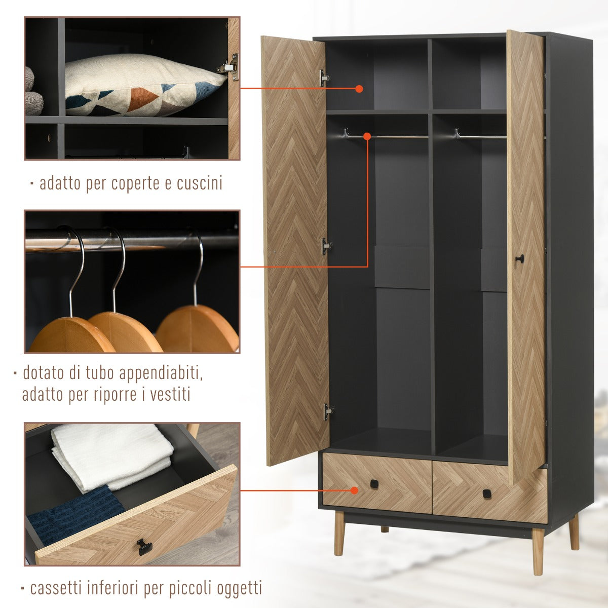 EASYCOMFORT  Armadio a Due Ante in Legno: 4 Vani, 2 Appendiabiti e Cassetti Grigio Scuro