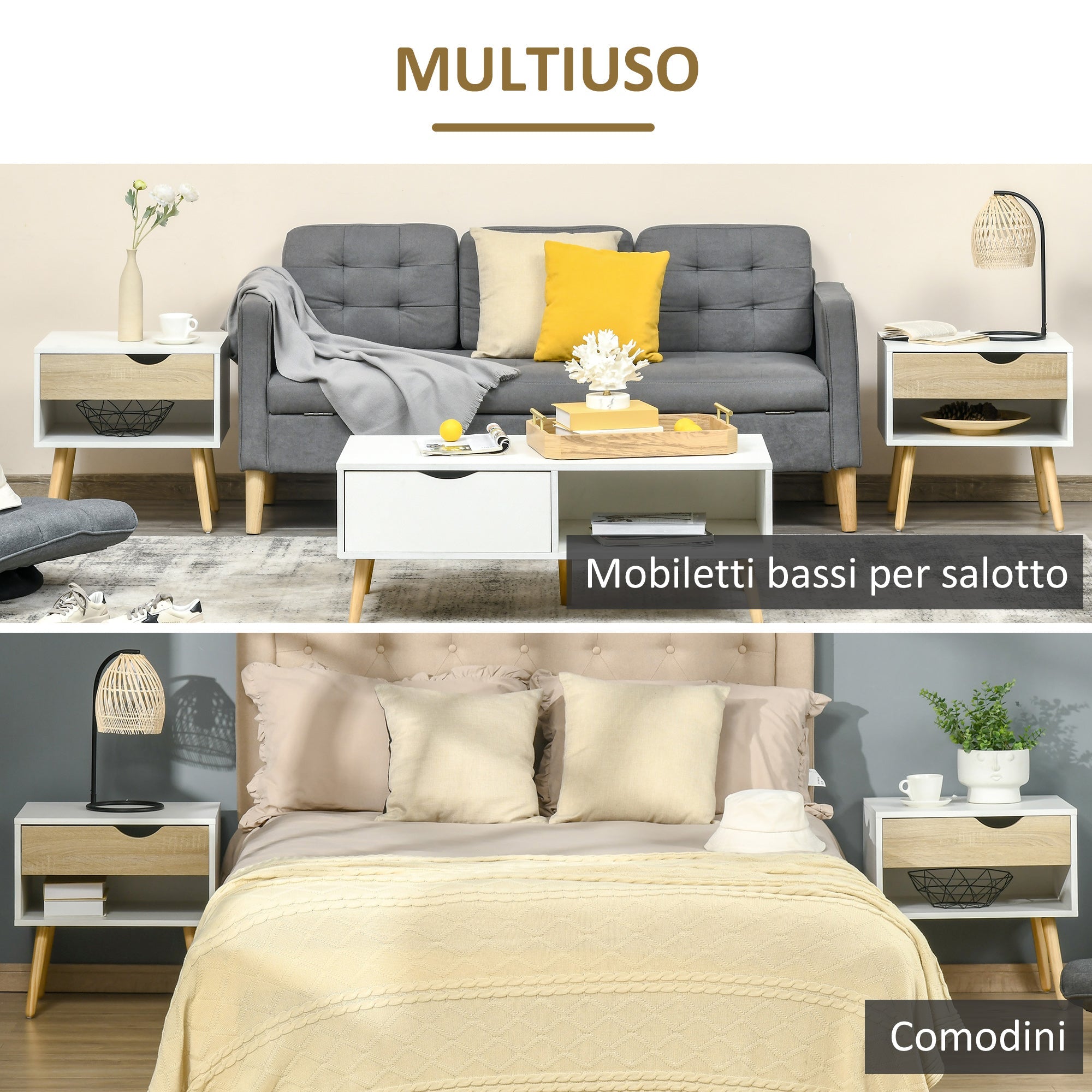 Set 2 Comodini con Cassetto e Mensola in Legno 50x39x51cm Bianco e Rovere