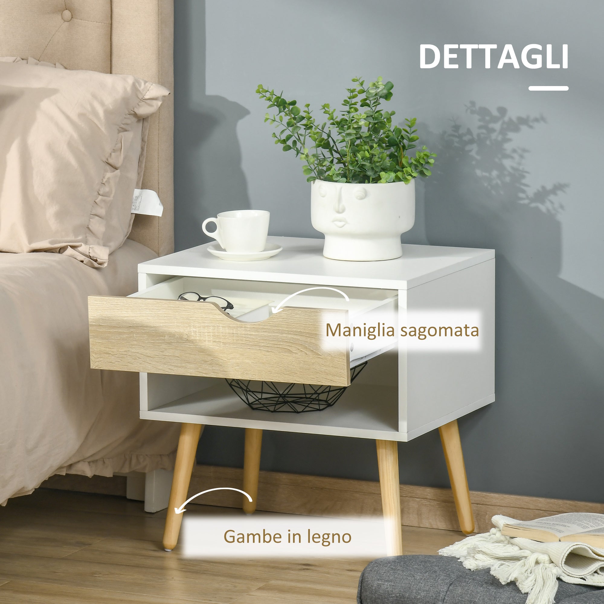 Set 2 Comodini con Cassetto e Mensola in Legno 50x39x51cm Bianco e Rovere