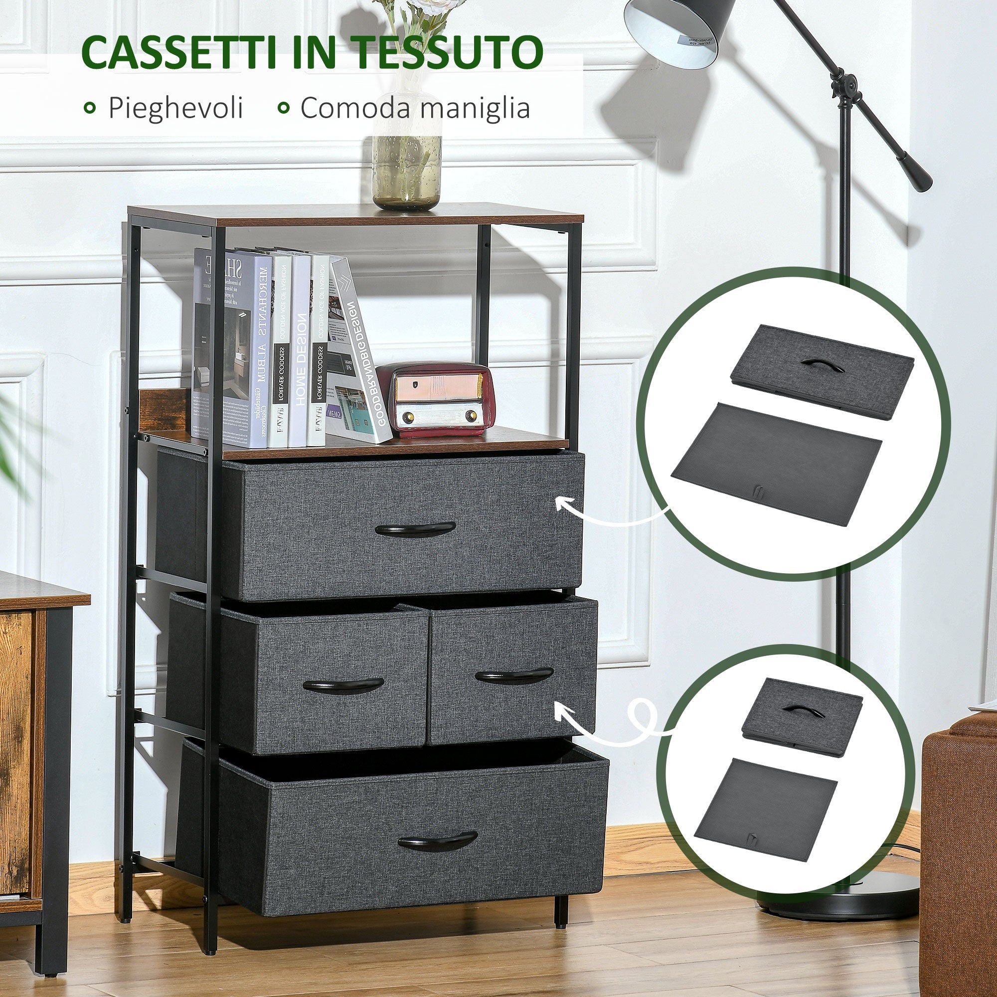 Easycomfort Mobile Cassettiera Multiuso con 4 Cassetti Pieghevoli in Tessuto, Arredamento Soggiorno e Camera, 58x29x103cm, Grigio Scuro