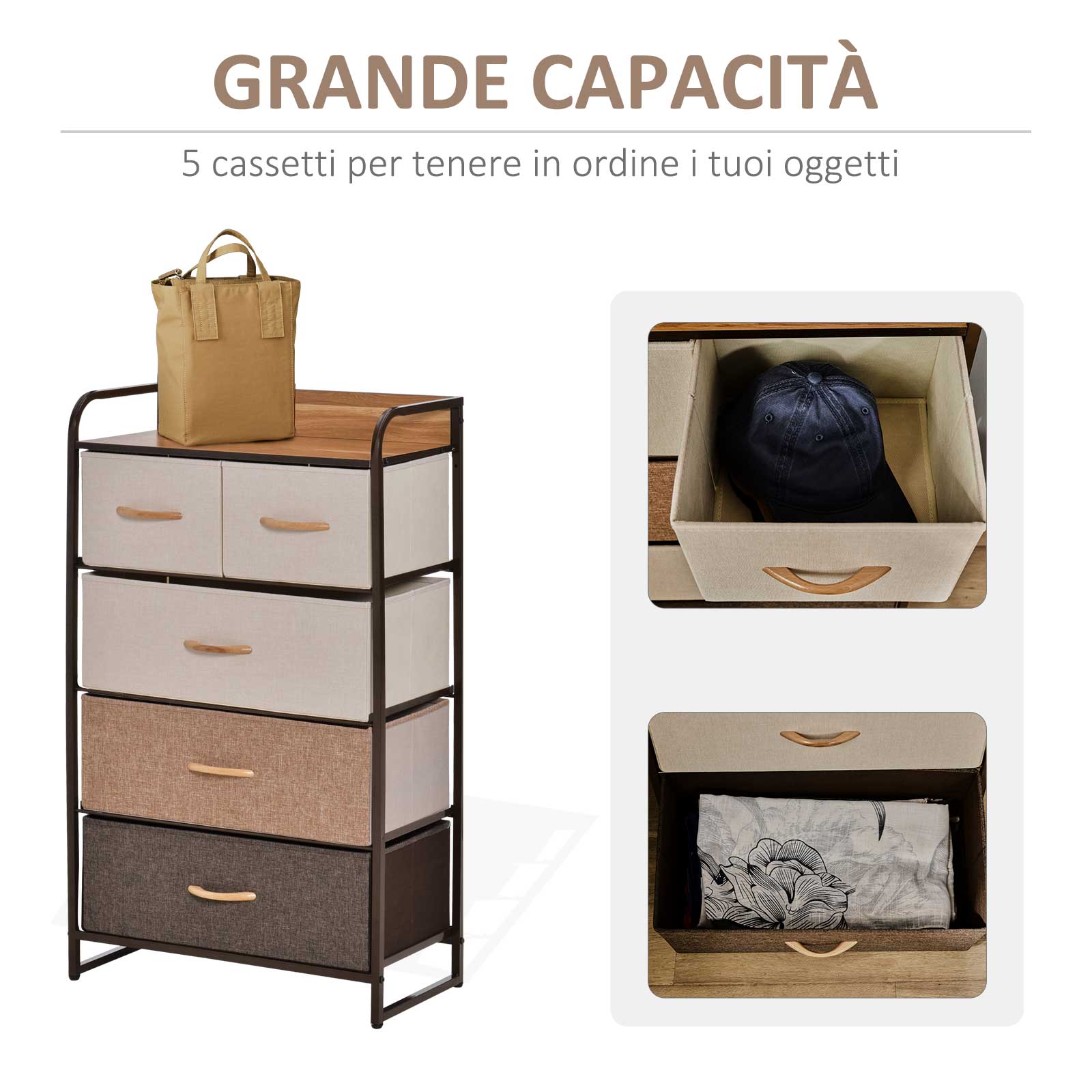 Cassettiera con 5 Cassetti in Tessuto e Ripiano rigido 58x29x99 cm in Legno