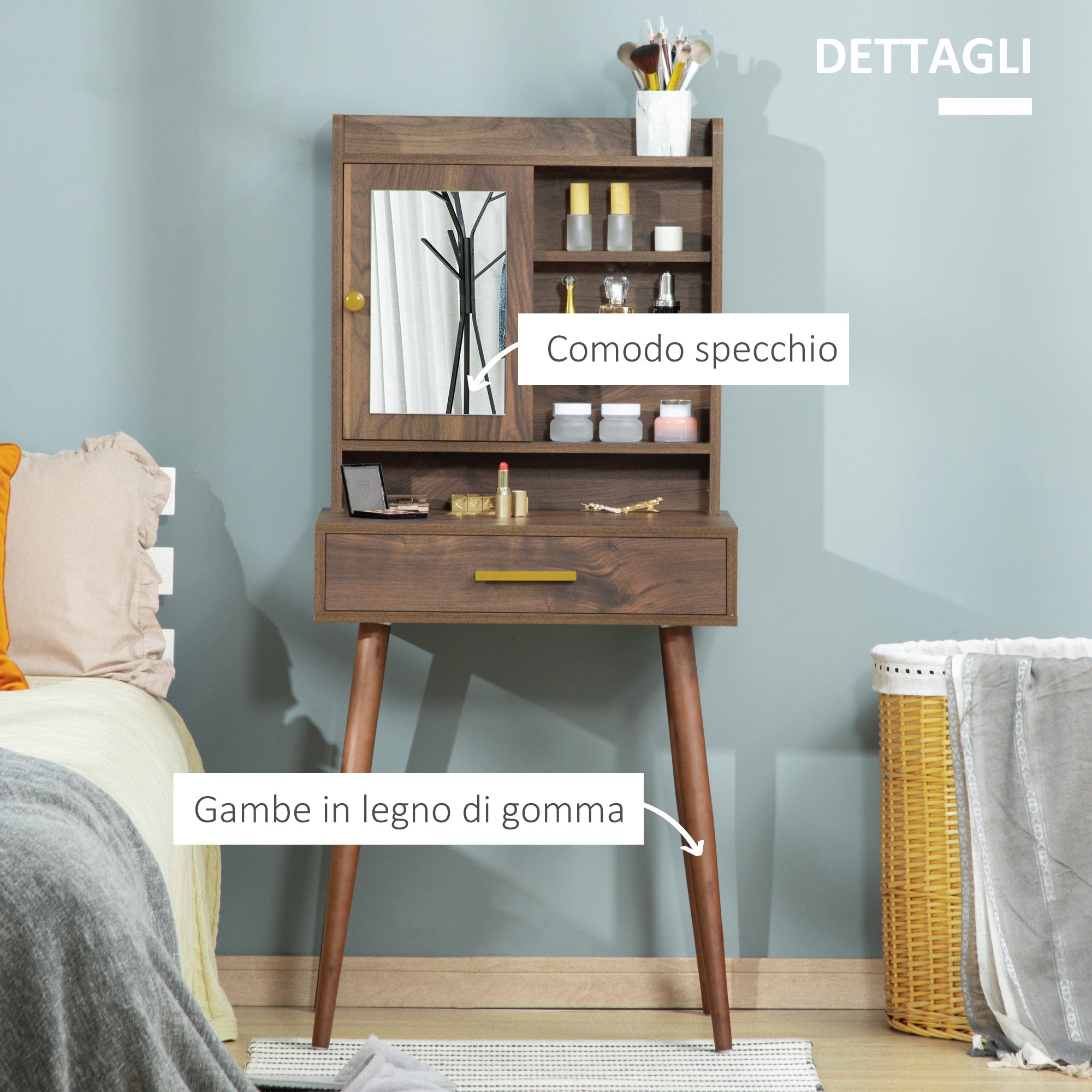 EasyComfort Tavolo per Trucco in Legno con Specchio, Cassetto e 4 Ripiani, 60x45x134cm