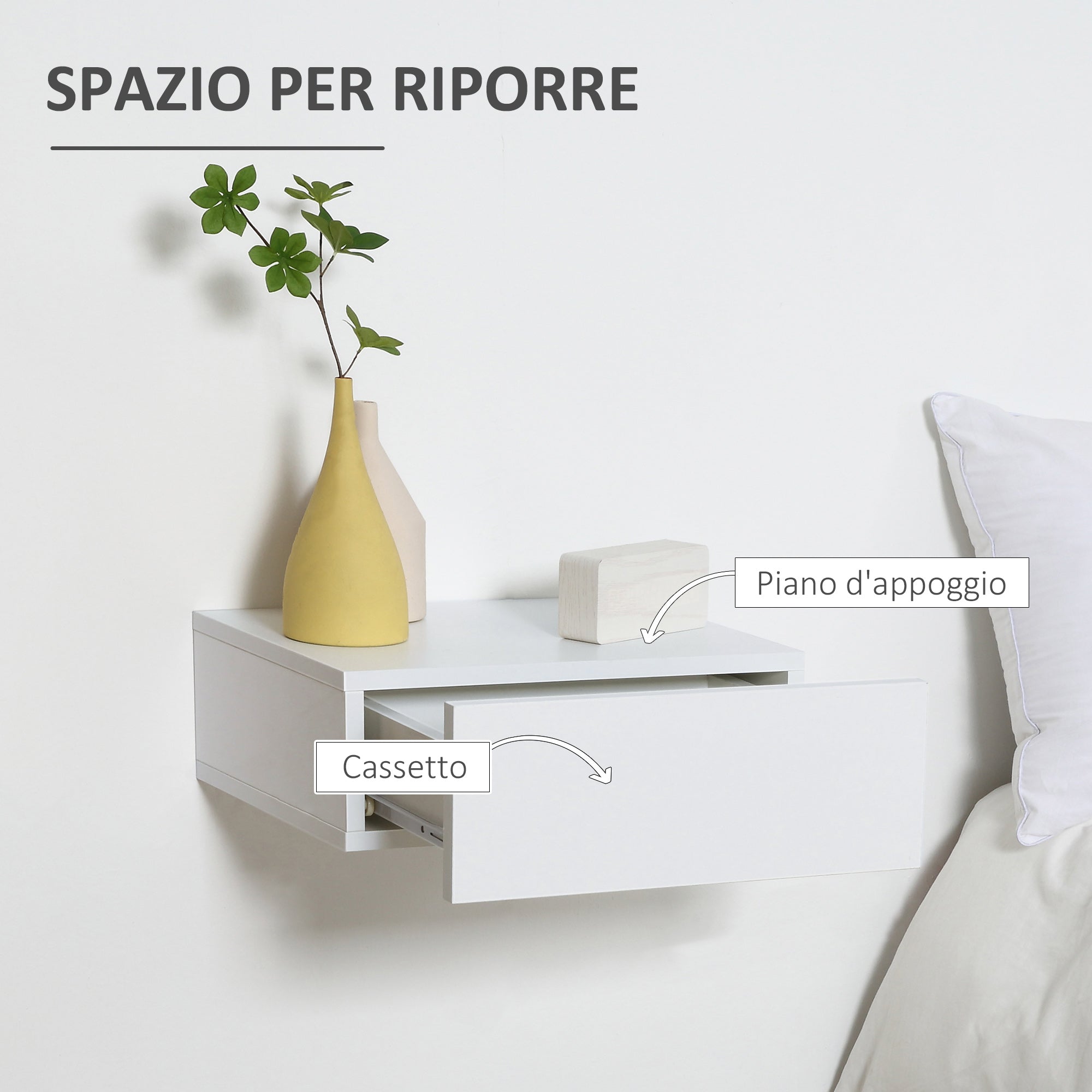 Set 2 Comodini Sospesi 40x30x15 cm Design Moderno Bianco