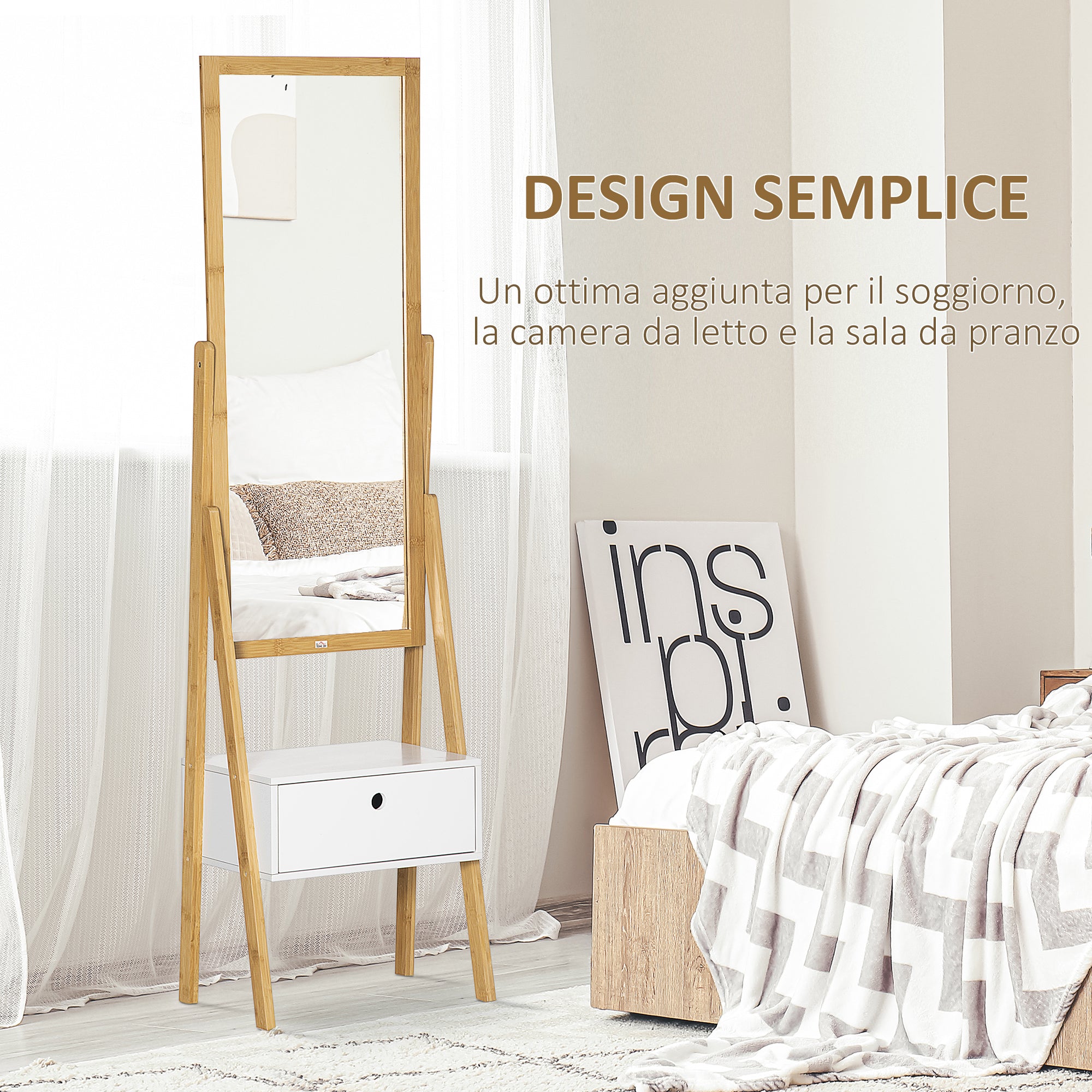 EasyComfort Specchio da Terra con Cassetto, in MDF e Bambù, 45x30x160 cm, Bianco e Color Legno