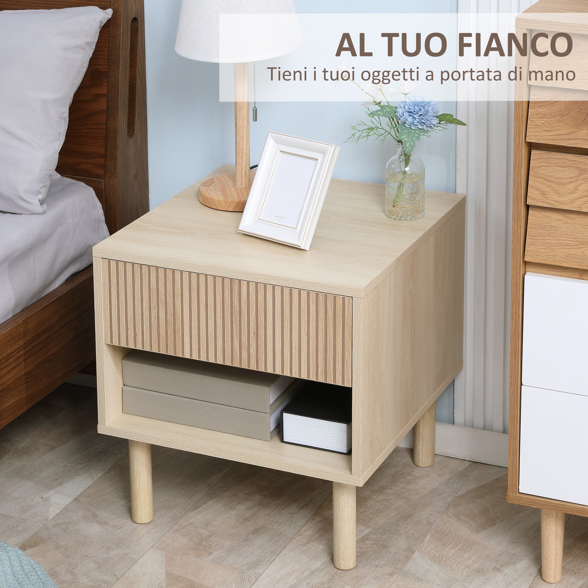 EASYCOMFORT  Comodino Moderno con Cassetto e Ripiano Aperto in Truciolato, 47x47x50 cm, Color Legno