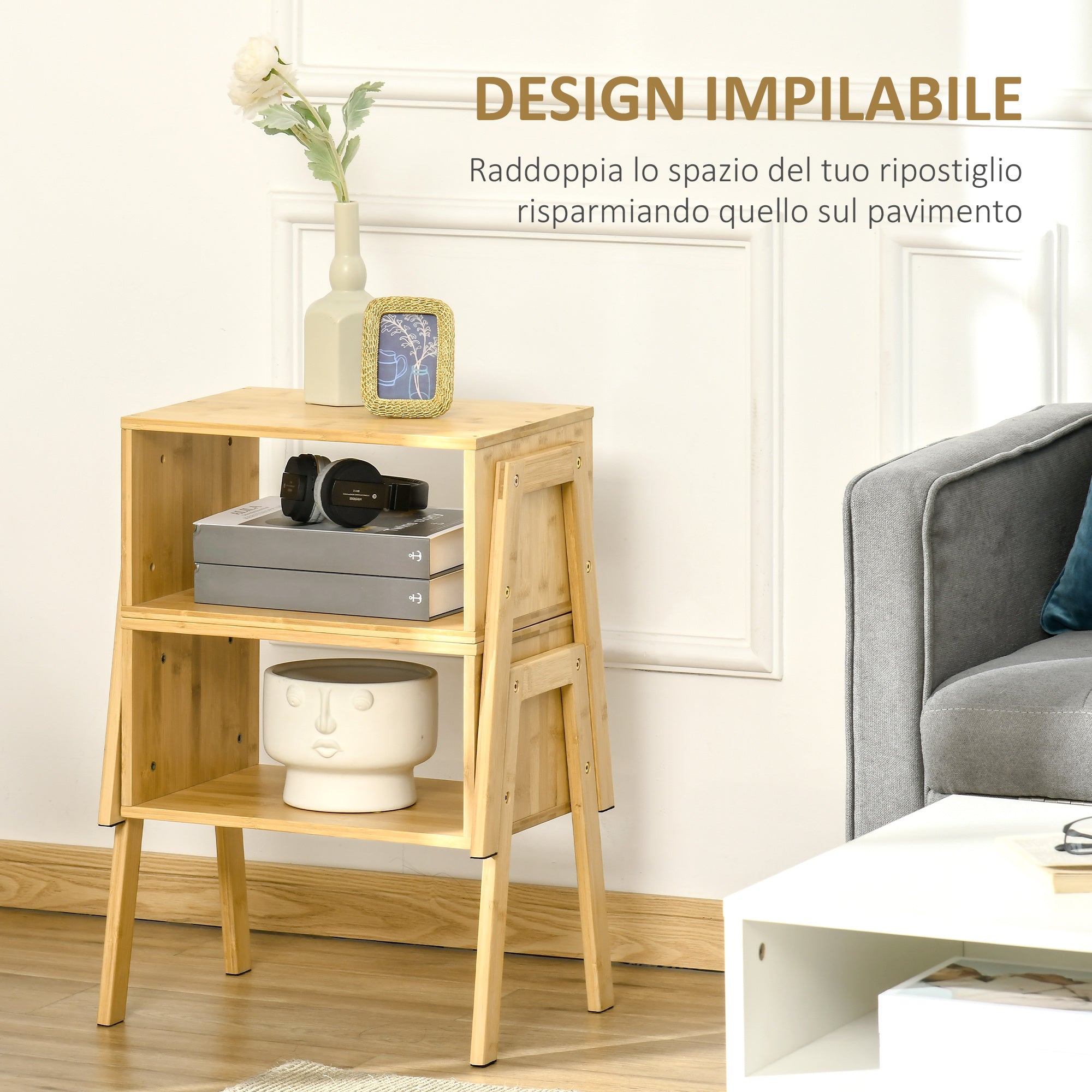 EASYCOMFORT Set 2 Comodini, Design Aperto e Impilabile, Struttura in Bambù, 43x32.5x42cm