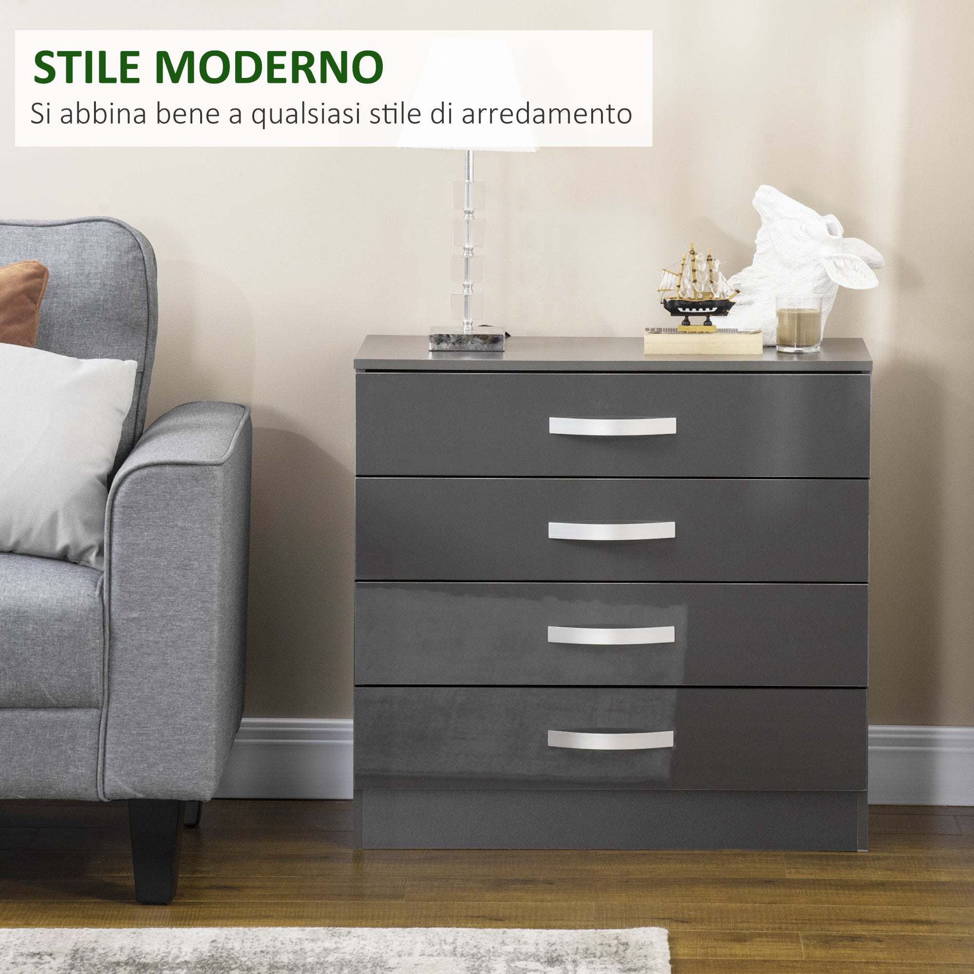 EASYCOMFORT  Cassettiera da 4 Cassetti con Maniglie di Metallo, in Truciolato, 75x36x72 cm, Grigio