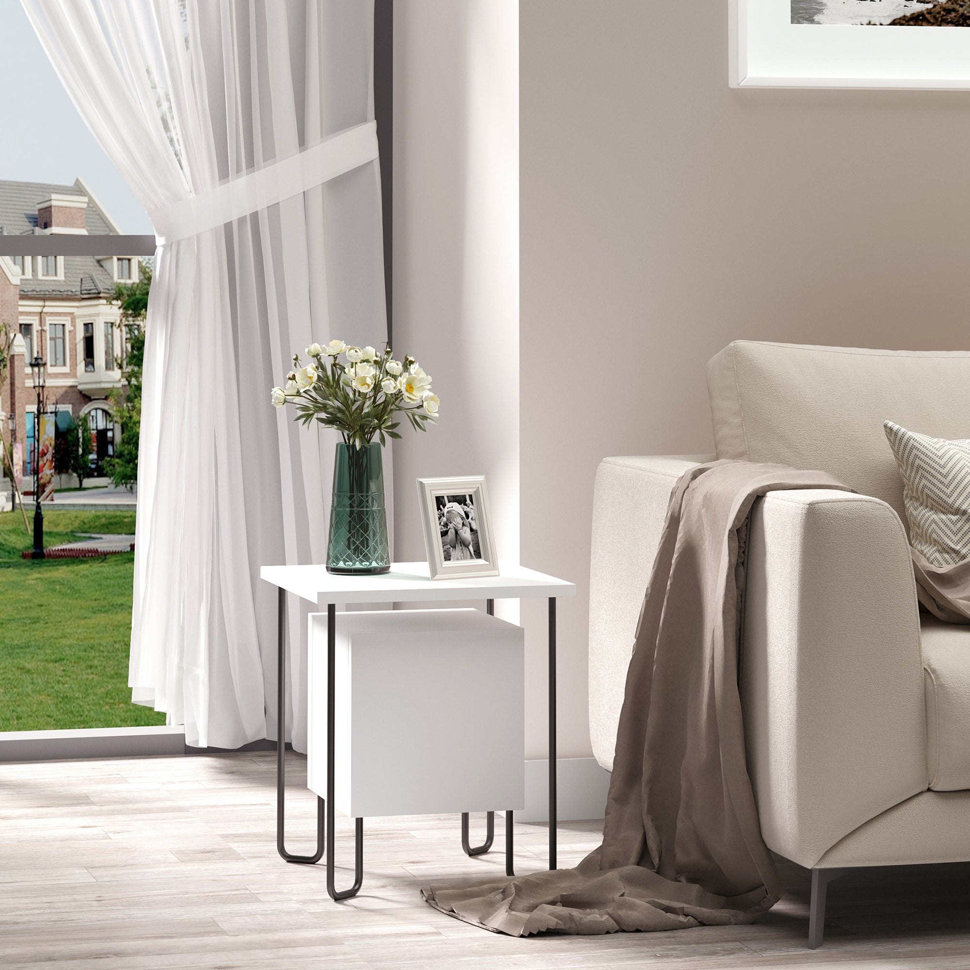 EASYCOMFORT  Comodino Moderno con Armadietto e Mensola in Legno e Gambe in Metallo, 40x40x45cm, Bianco