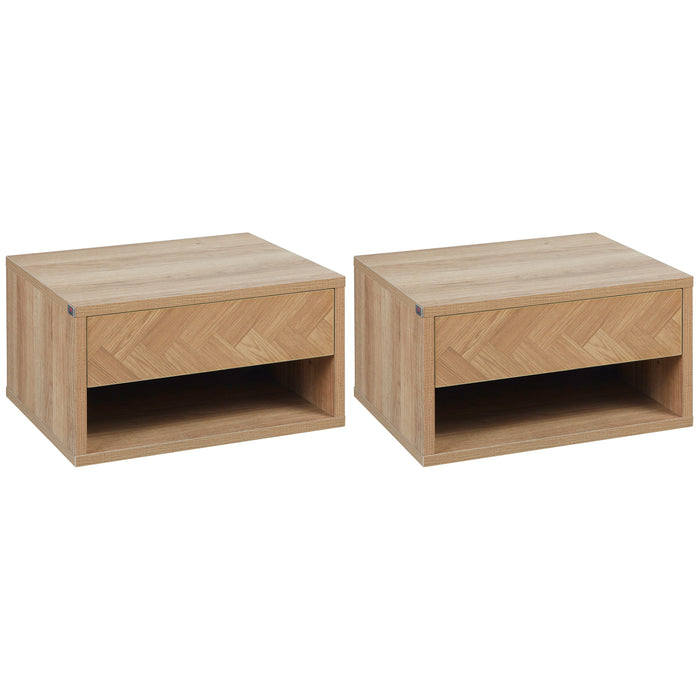 EasyComfort Set 2 Comodini Moderni Sospesi con Cassetto e Mensola in Legno 37x32x21cm, Colore Naturale