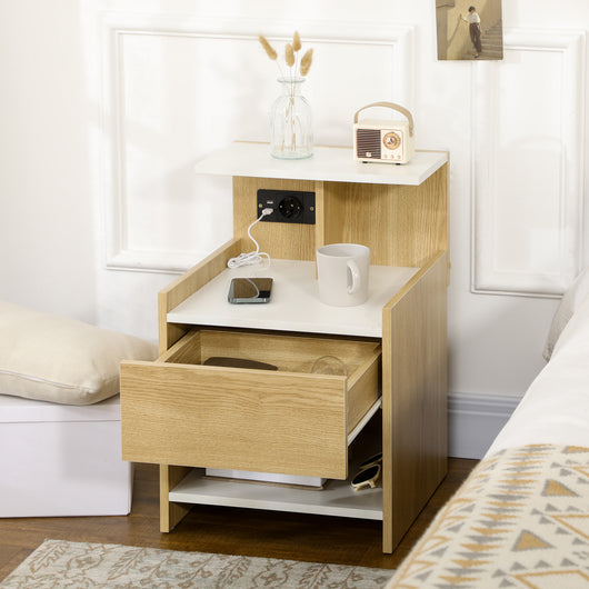 Easycomfort Comodino moderno con 2 Prese, 2 porte USB e Cassetto in truciolato, 40x40x60cm, Color Legno