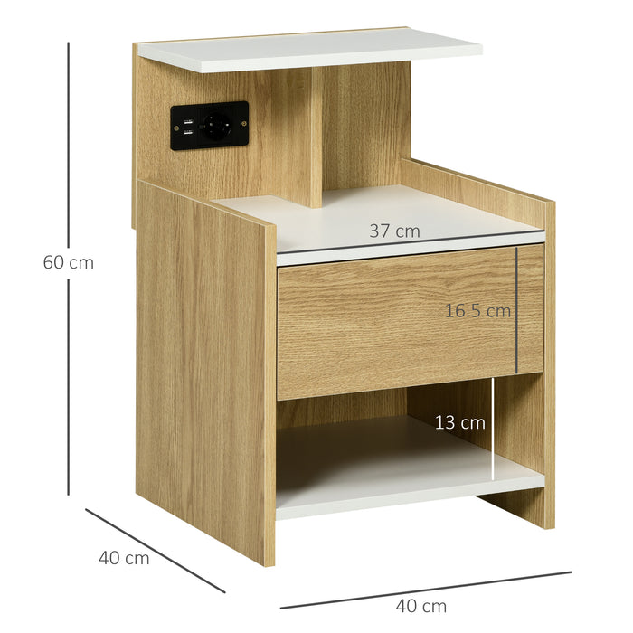 Easycomfort Comodino moderno con 2 Prese, 2 porte USB e Cassetto in truciolato, 40x40x60cm, Color Legno