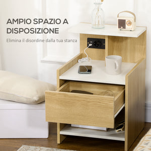 Easycomfort Comodino moderno con 2 Prese, 2 porte USB e Cassetto in truciolato, 40x40x60cm, Color Legno