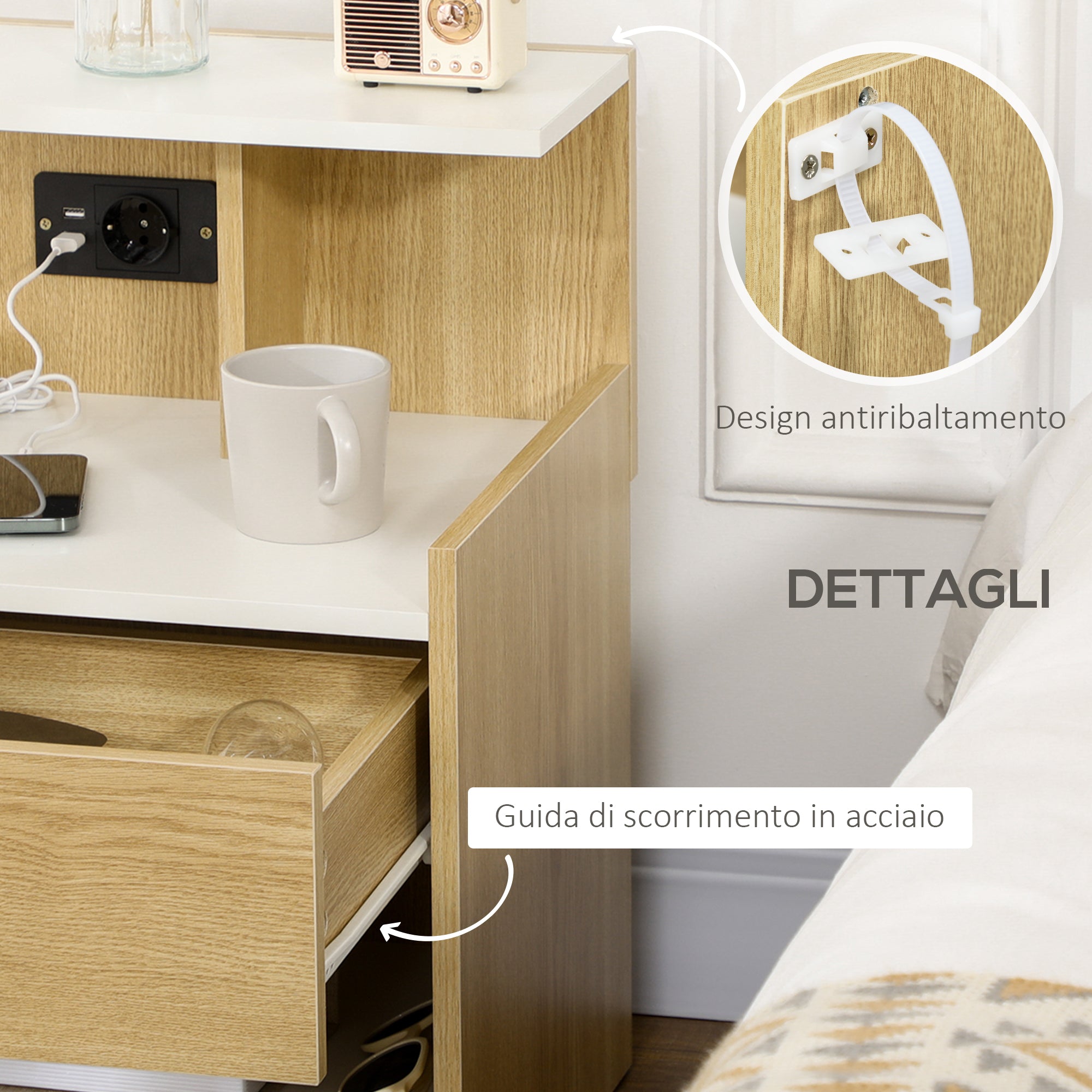 Easycomfort Comodino moderno con 2 Prese, 2 porte USB e Cassetto in truciolato, 40x40x60cm, Color Legno