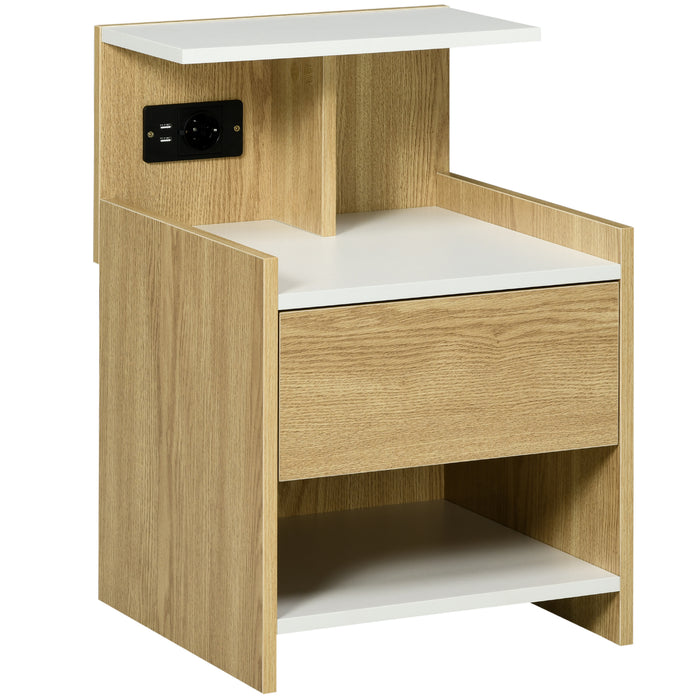 Easycomfort Comodino moderno con 2 Prese, 2 porte USB e Cassetto in truciolato, 40x40x60cm, Color Legno