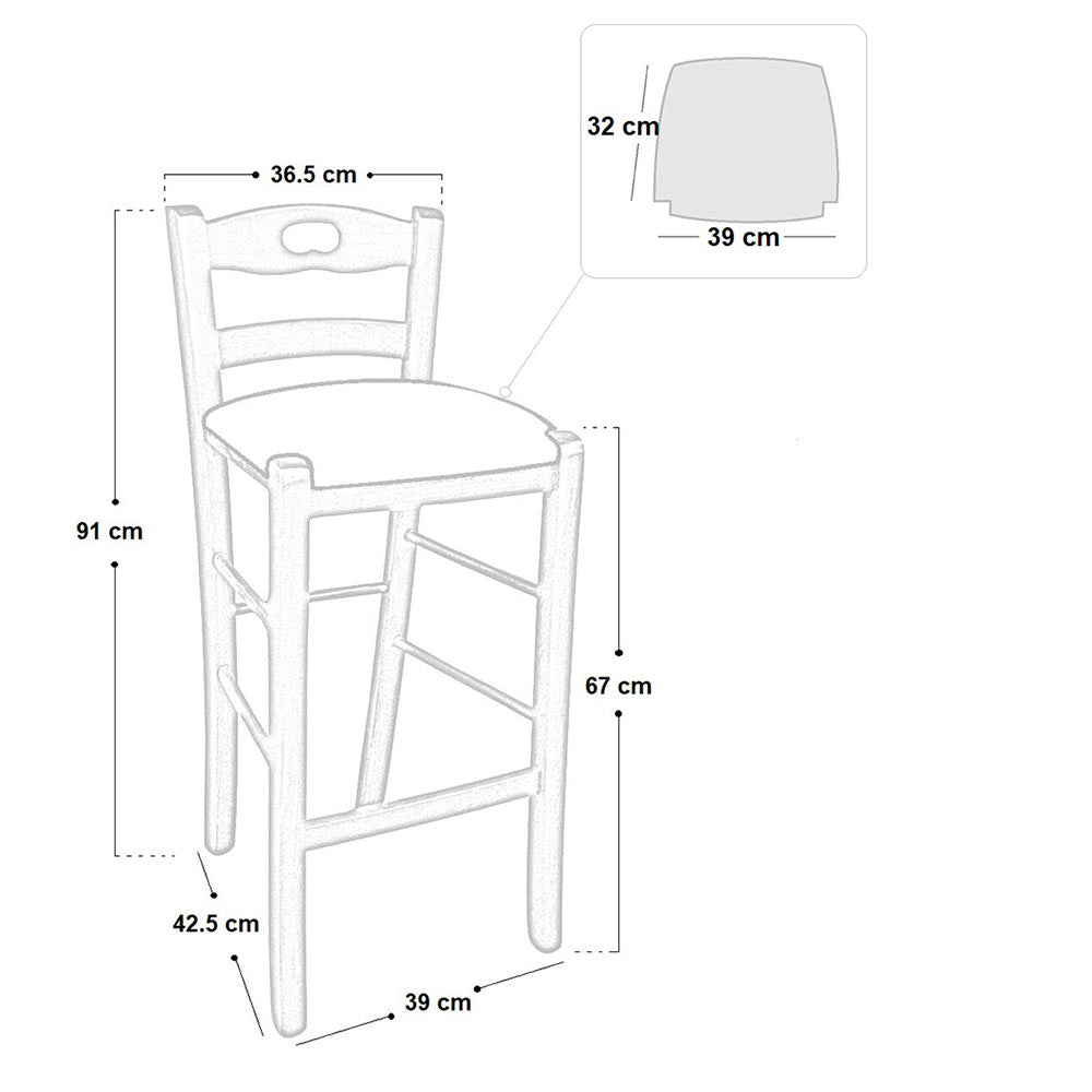 Sgabello legno noce scuro con foro nello schienale h67 seduta similpelle marrone