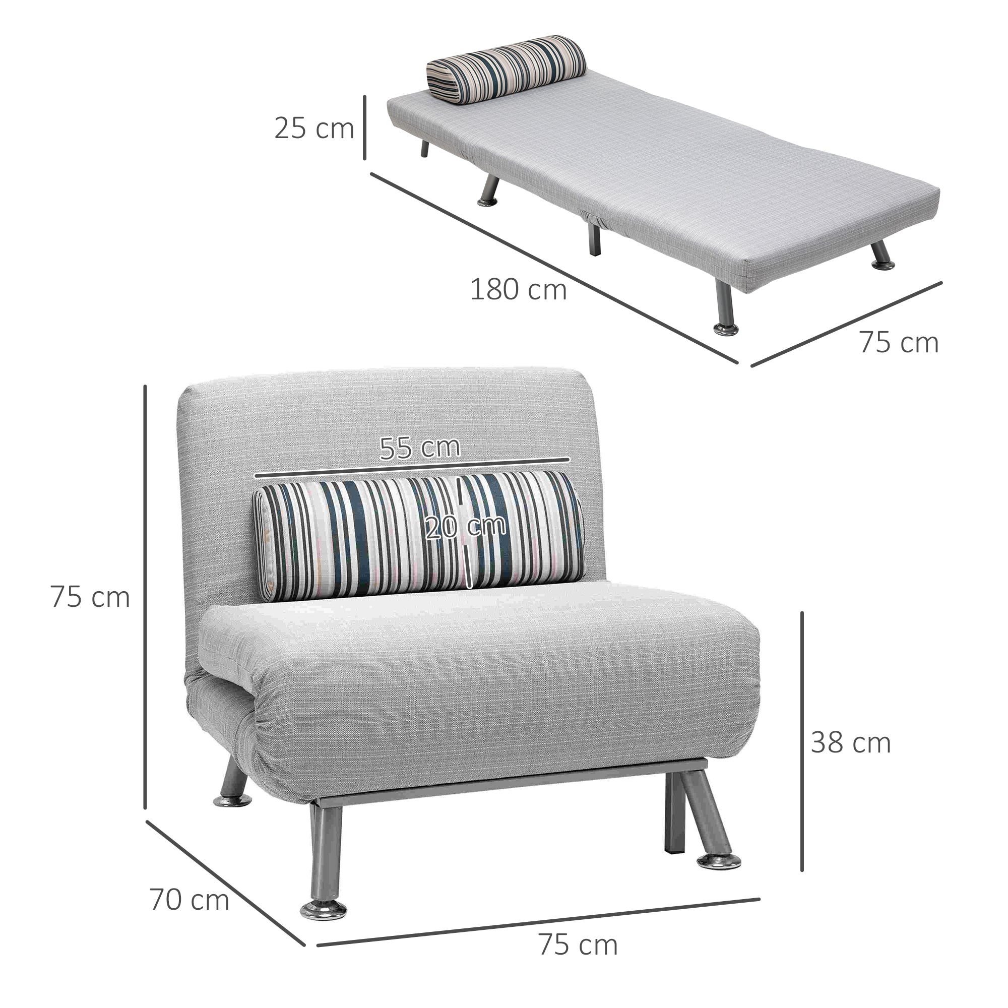 EasyComfort Poltrona Letto in Ferro e Cotone con Cuscino a Righe 75 x 70 x 75cm Grigio