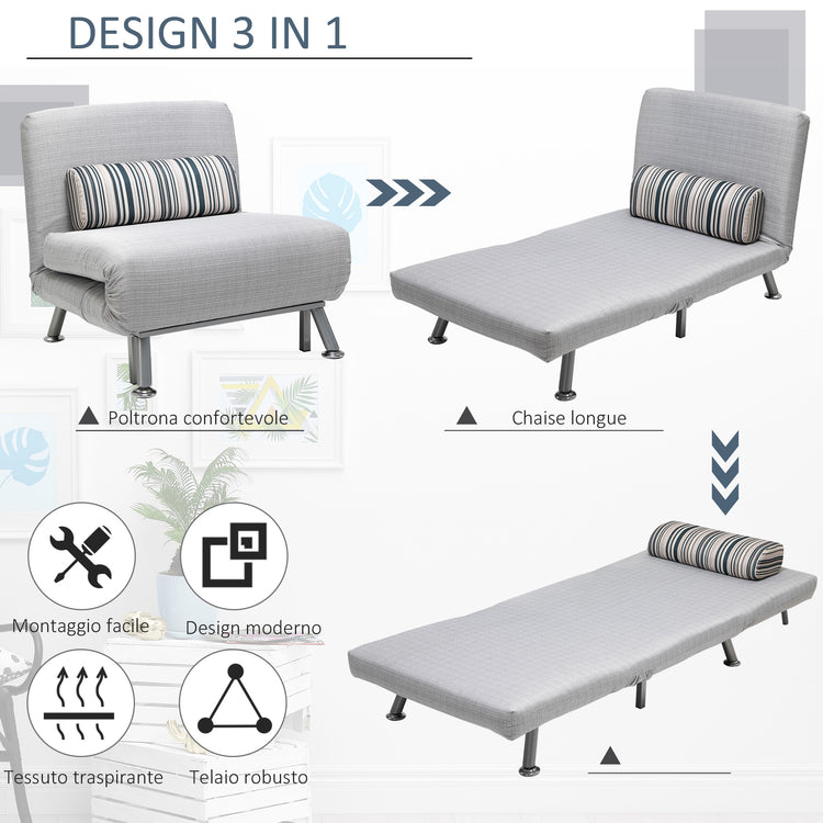 EasyComfort Poltrona Letto in Ferro e Cotone con Cuscino a Righe 75 x 70 x 75cm Grigio