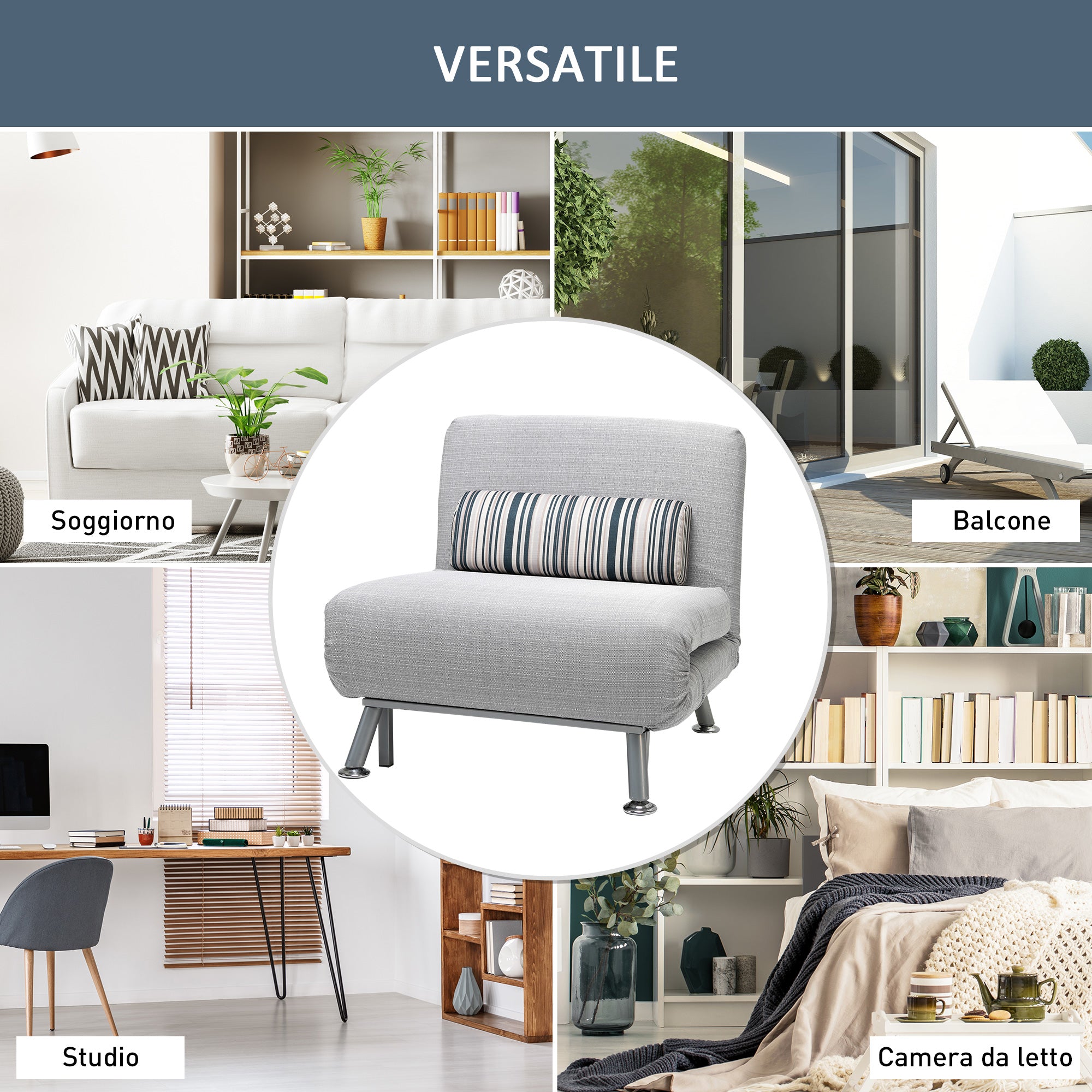 EasyComfort Poltrona Letto in Ferro e Cotone con Cuscino a Righe 75 x 70 x 75cm Grigio