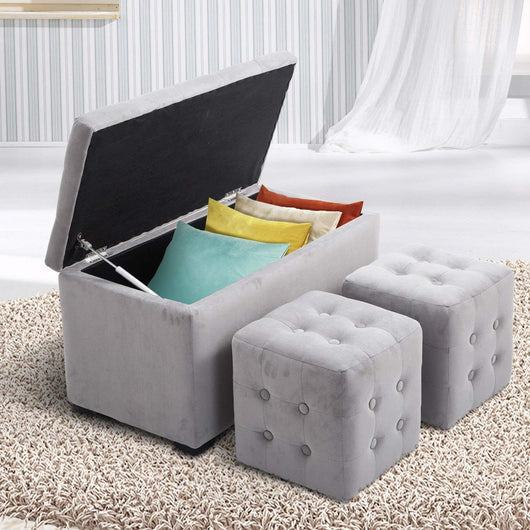 Easycomfort Cassapanca Portaoggetti Set di 3 Pezzi con 2 Sgabelli Pouf in Velluto, Grigio Perla