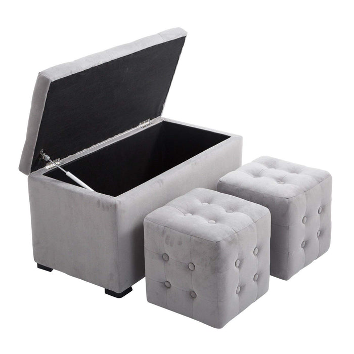 Easycomfort Cassapanca Portaoggetti Set di 3 Pezzi con 2 Sgabelli Pouf in Velluto, Grigio Perla