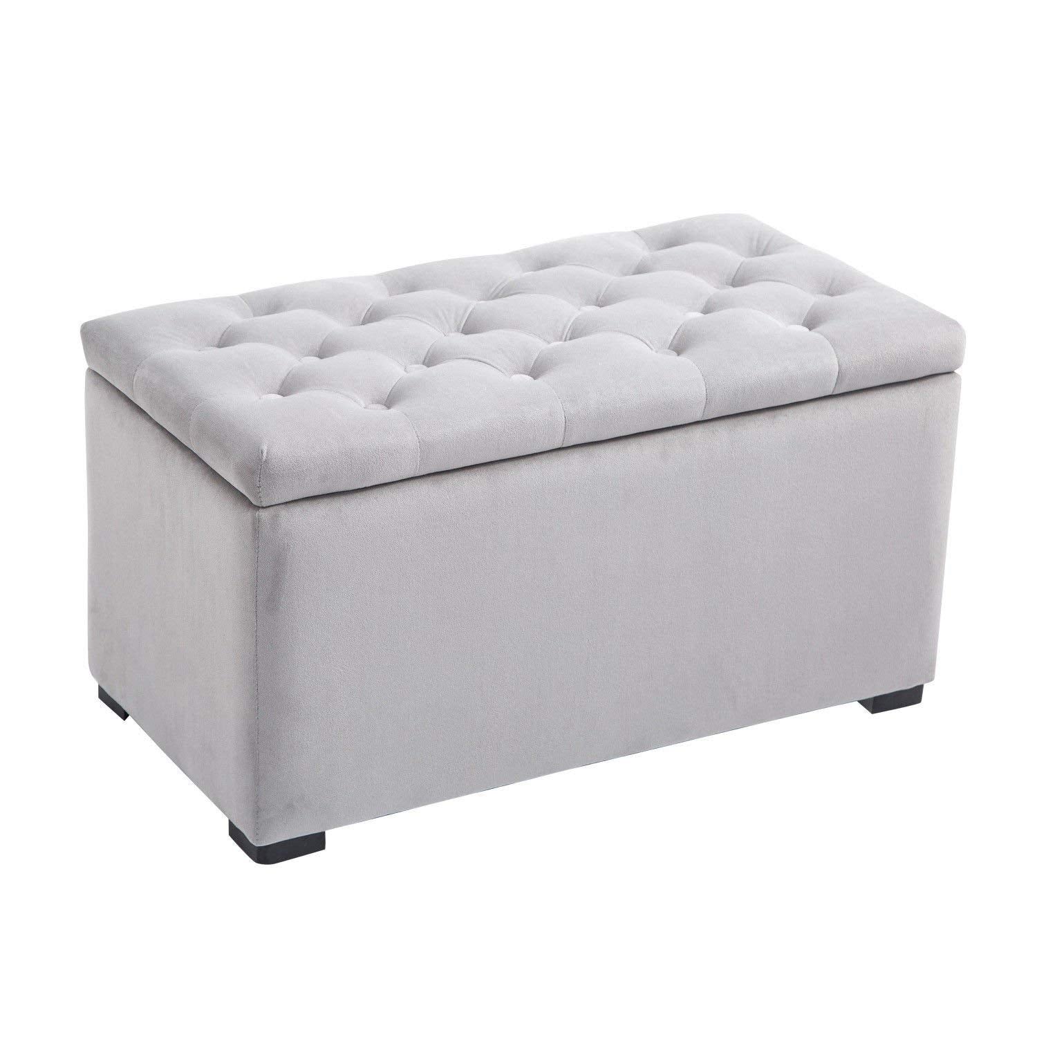 Easycomfort Cassapanca Portaoggetti Set di 3 Pezzi con 2 Sgabelli Pouf in Velluto, Grigio Perla