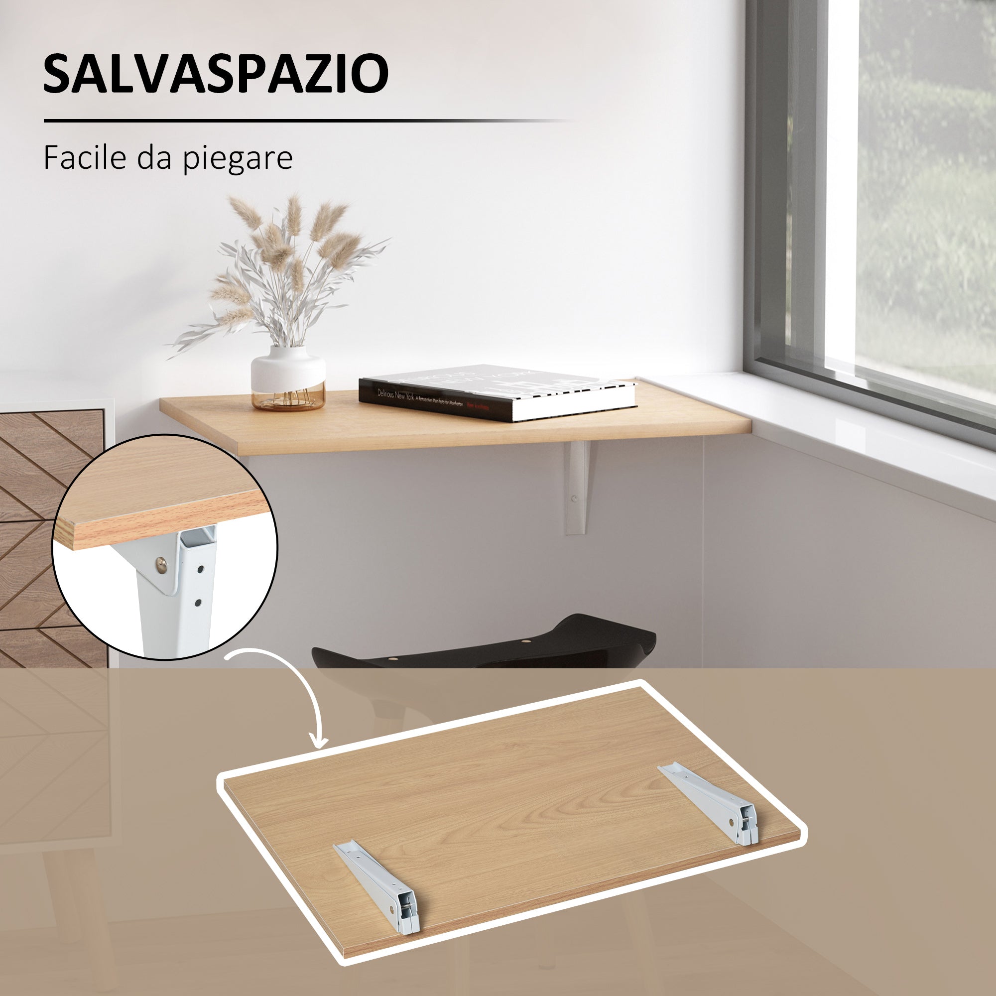 EasyComfort Tavolino a Muro Pieghevole Salvaspazio in MDF e Telaio in Metallo, per Cucina Salotto, Color Legno, 60x40x20cm